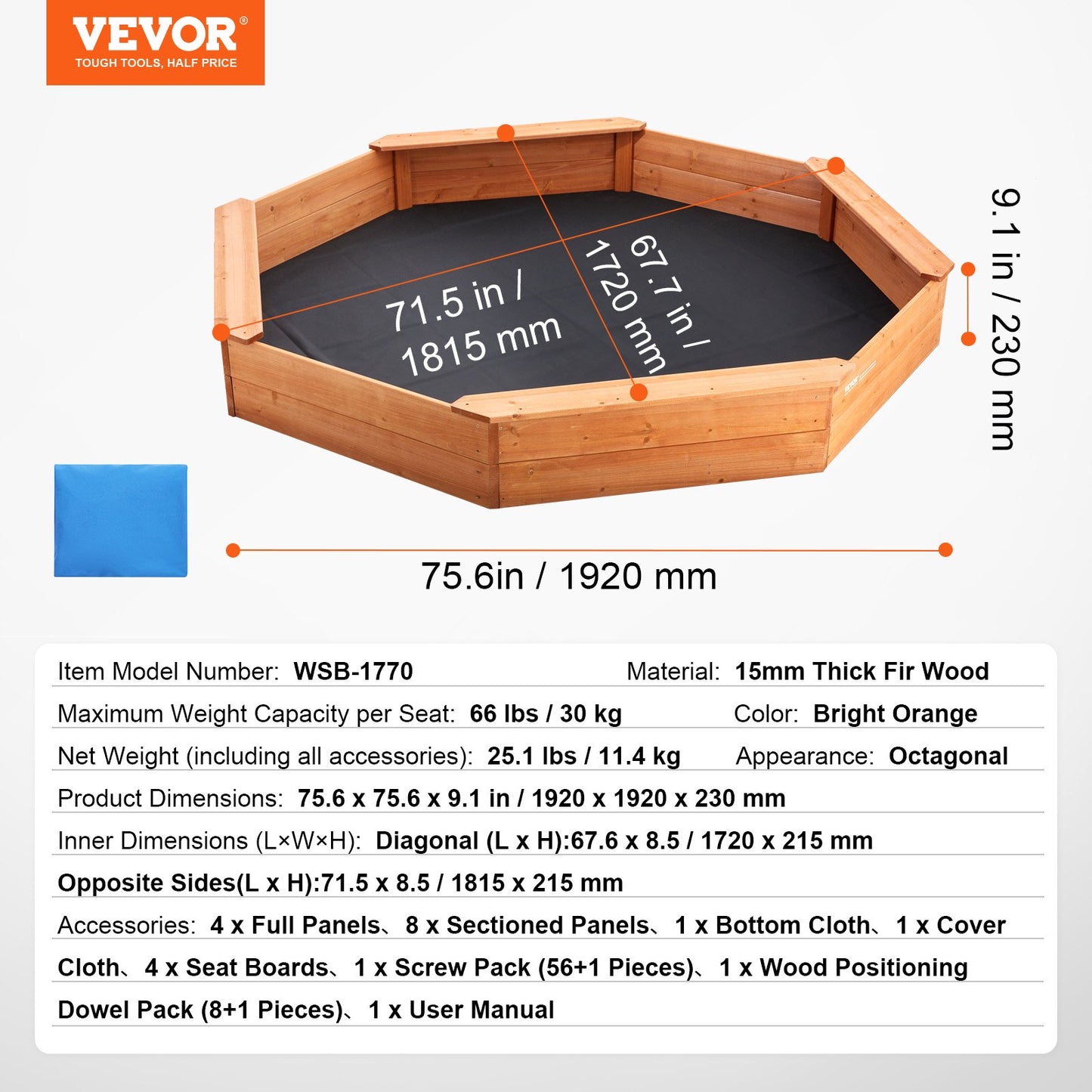 Träsandlåda med lock, 75,6 x 75,6 x 9,1 tum åttkantig sandlåda, sandlåda med 4 sittplatser och bottenfodral, barnsandlåda för utomhusträdgård, strand, park, present till pojkar och flickor i åldrarna 3-12
