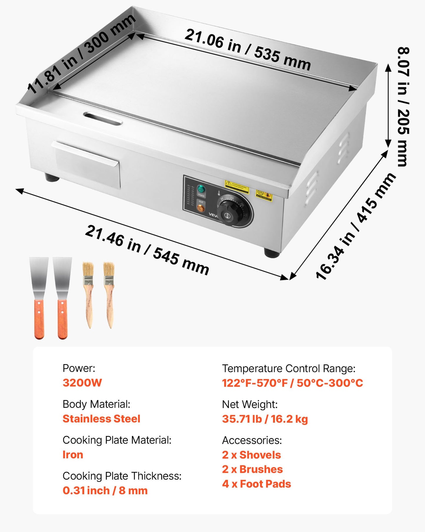 Kommersiell elektrisk stekpanna, 535 x 300 mm, 3200 W, 50-300 °C justerbar temperaturkontroll, rostfri bänkgrill med platt topp, 2 spatlar, 2 borstar och 4 fotplattor, för biff, pannkaka