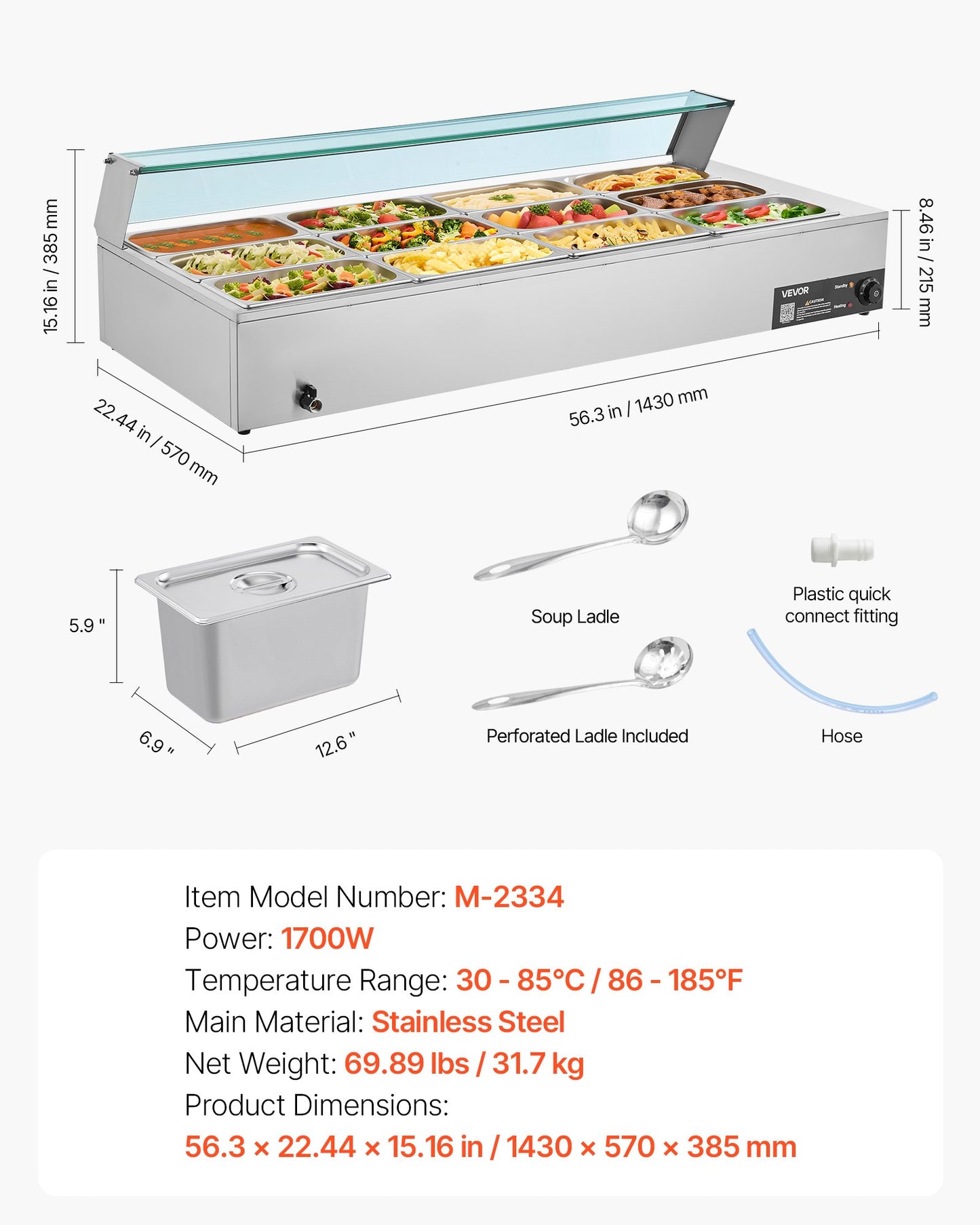 Kommersiell matvärmare, 1700W elektrisk ångvärmare i rostfritt stål med glaslock, bänkskiva med 12 bänkskivor, buffé med vattenbad, soppa och perforerade slevar, för catering, restaurang och fester