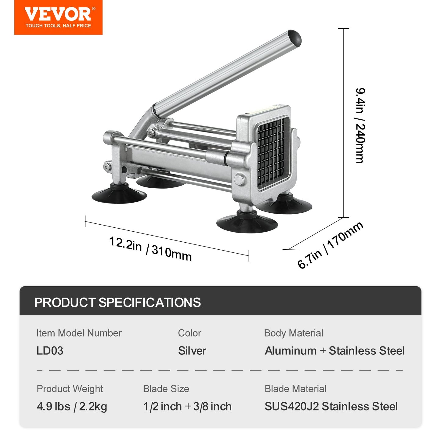 Pommes frites-skärare, potatisskärare med 1/2-tums och 3/8-tums rostfria stålblad, manuell potatisskärare med sugkoppar, utmärkt för potatis, pommes frites, gurka, grönsaker, morot