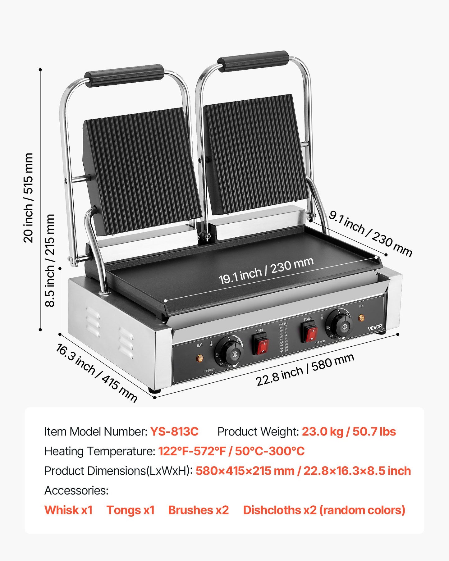 Kommersiell paninigrill, 3600W elektrisk smörgåspaninimaskin, dubbel smörgåspressgrill i rostfritt stål, paninigrill med temperaturkontroll, 48x23cm platt emaljplatta för hamburgare, biff och bacon
