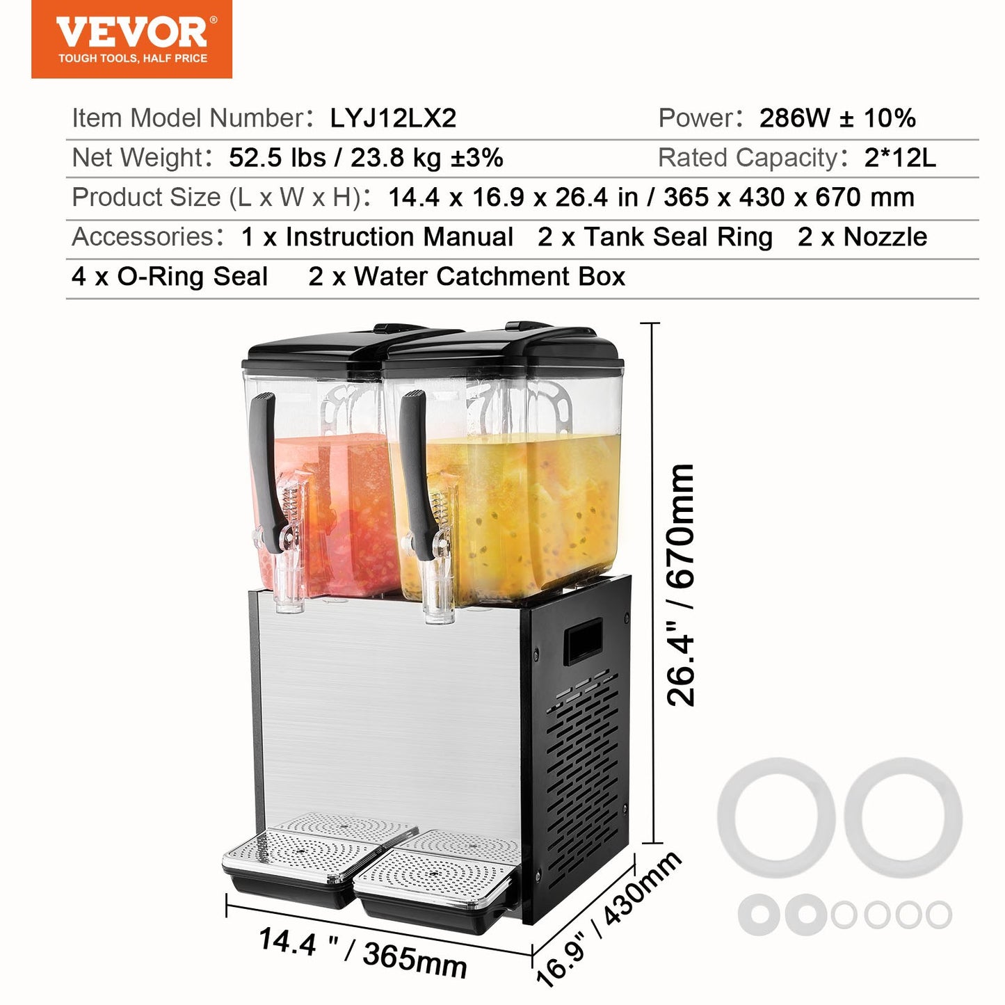 Kommersiell dryckesdispenser, 2 tankar 12 l juicedispenser per tank, 286W istemaskin i rostfritt stål med kyltemperatur på 45°F-54°F, för kalla drycker, restaurangbarfester