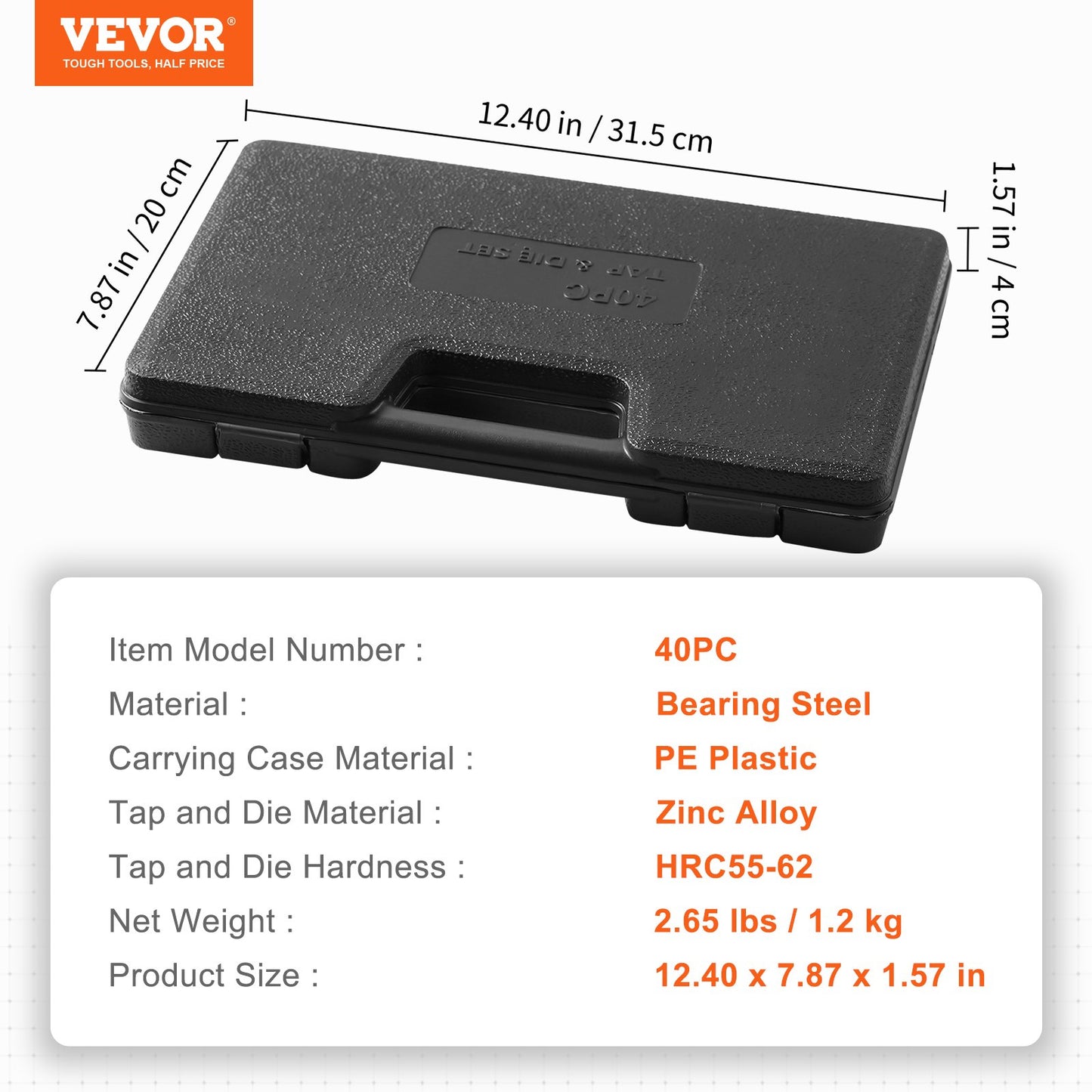 Gängtapps- och gänggängssats, 40 delar inkluderar metrisk storlek M3 till M12, lagerstålsgängtappar och gänggängor, viktigt gängverktyg för skärning av utvändiga invändiga gängor, med kompletta tillbehör och förvaringsväska