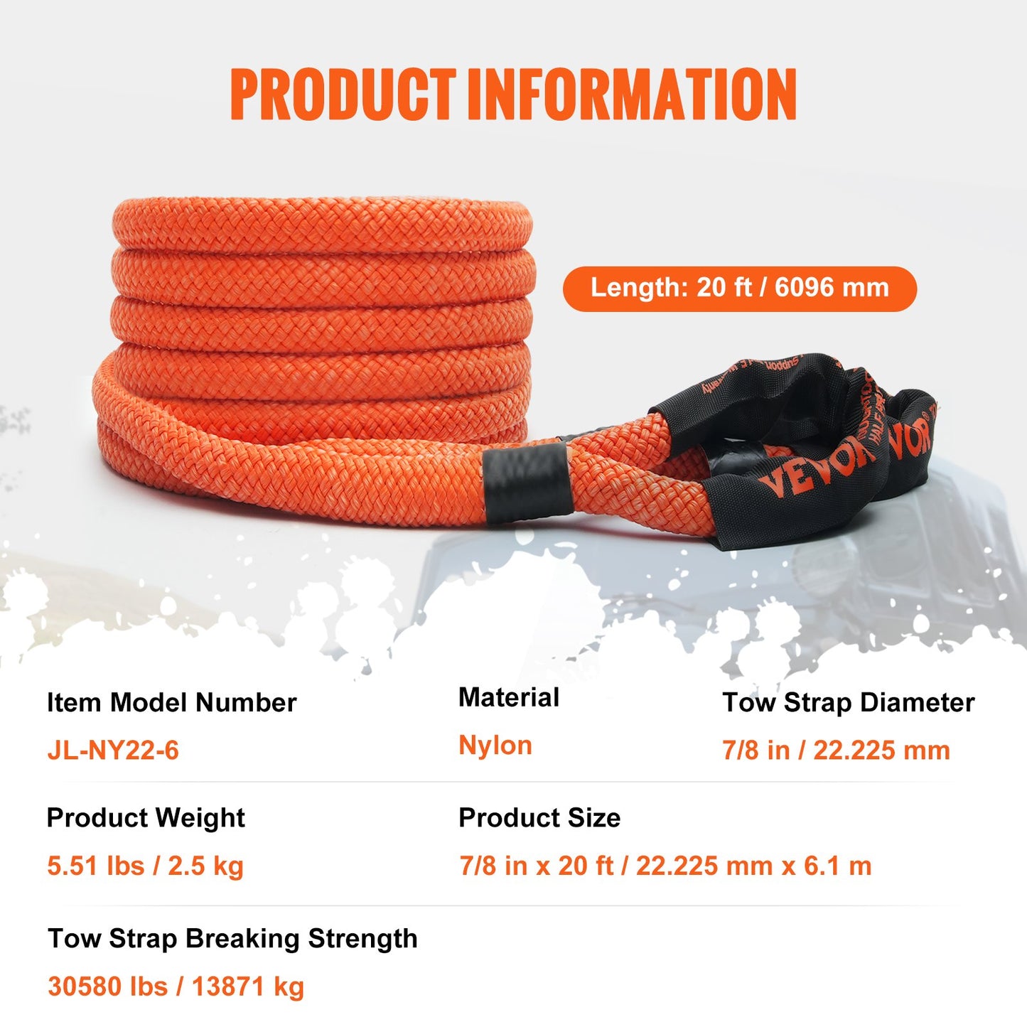 7/8" (2,2 cm) x 20'/6,1 m kinetisk bärgningslina 30 580 lbs/13 876,4 kg, kraftig terrängrem, extremt slitstark 30 % elastisk energirem för jeep bil lastbil ATV UTV SUV traktor