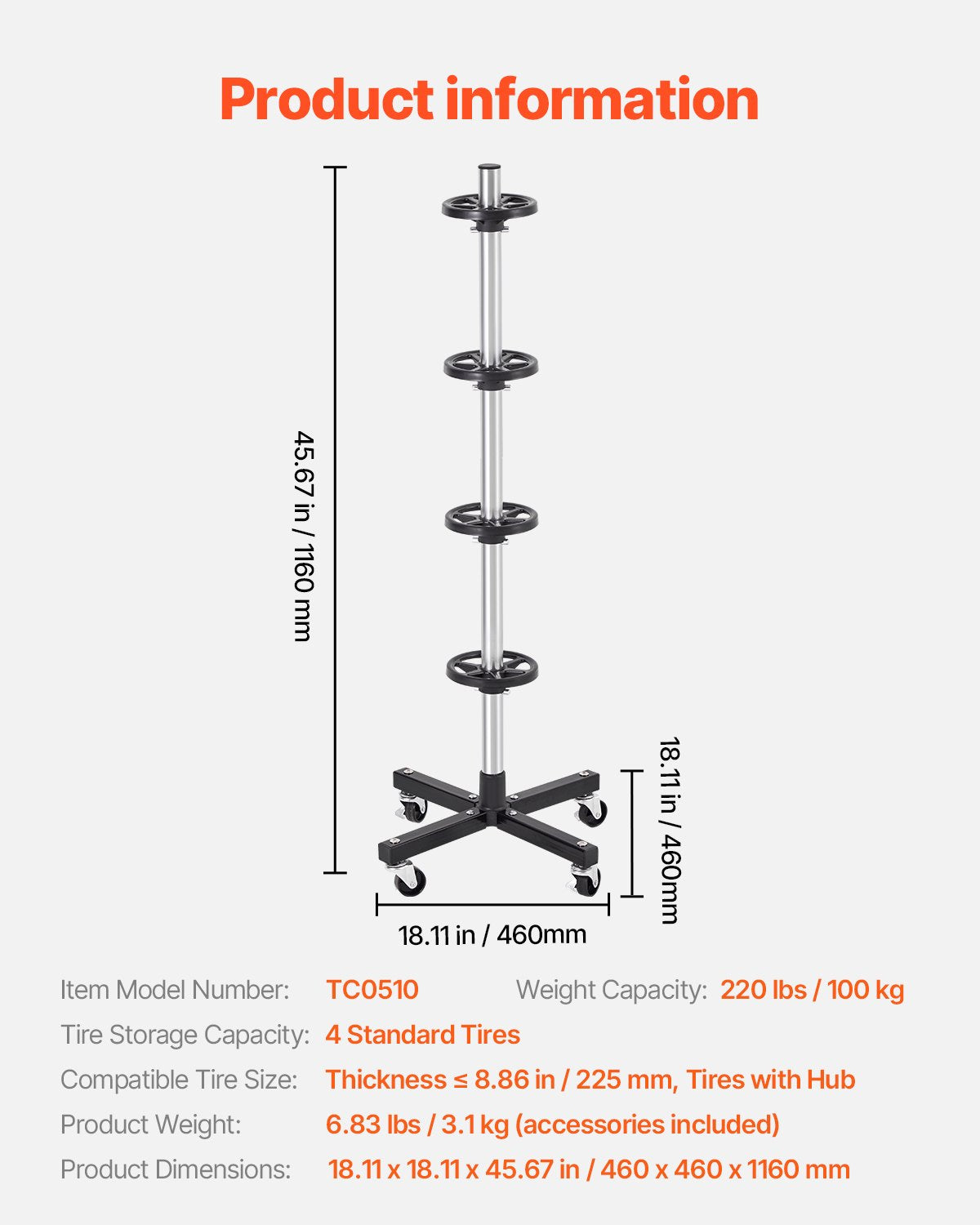 Däckställ med hjul, kraftigt däckställ i stål för 4 däck med fälgar, platsbesparande och mobil däckhållare för däck upp till 225 mm bredd, max 90 kg lastkapacitet, perfekt för garage och verkstad