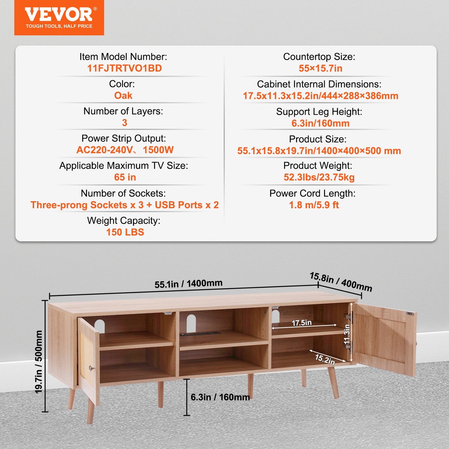 TV-stativ i rotting för 65" (165,1 cm) TV Boho TV-stativ med inbyggt uttag Ek