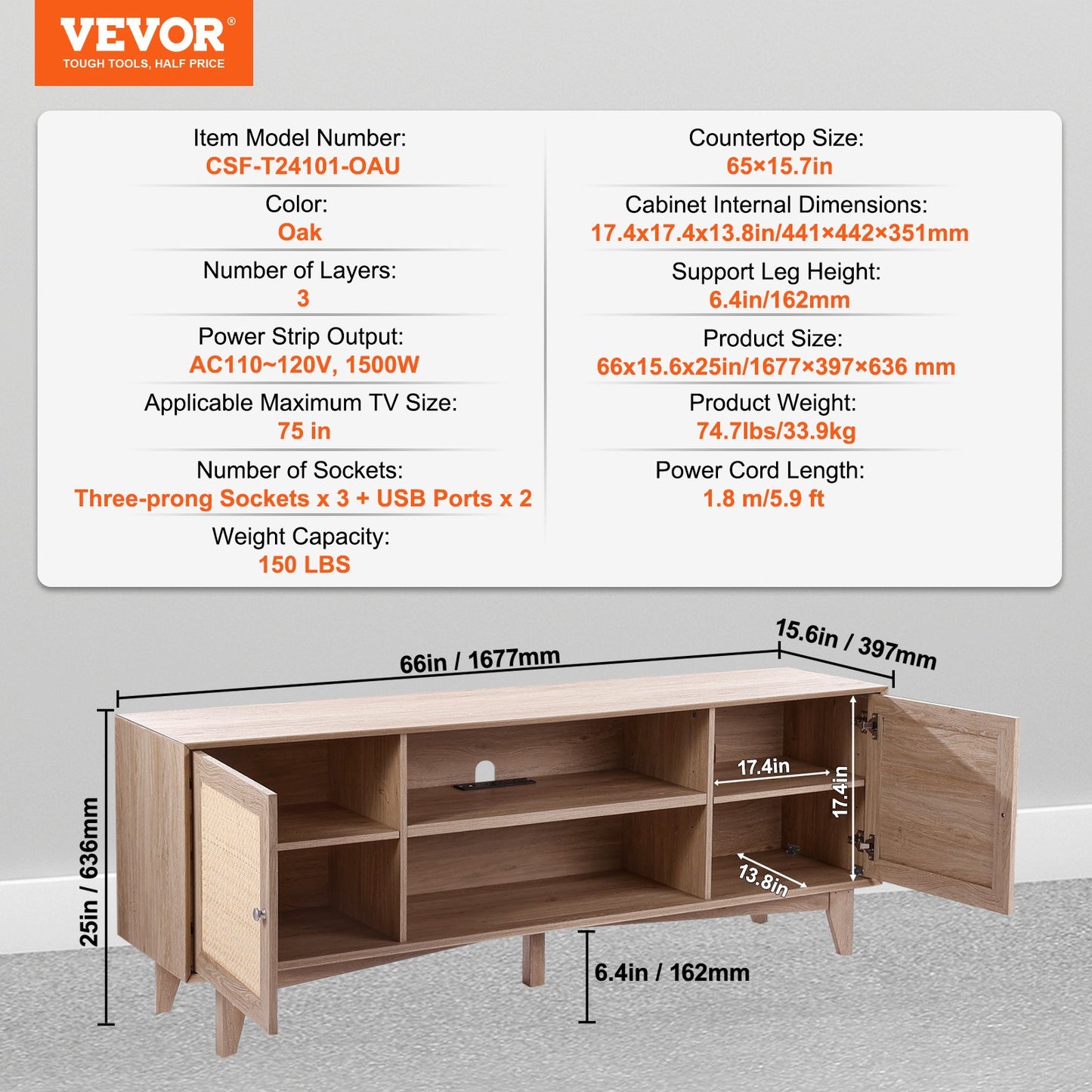 Rotting-TV-Ständer 191cm Fernseher Boho-TV-Schrank Fernsehschrank Eiche