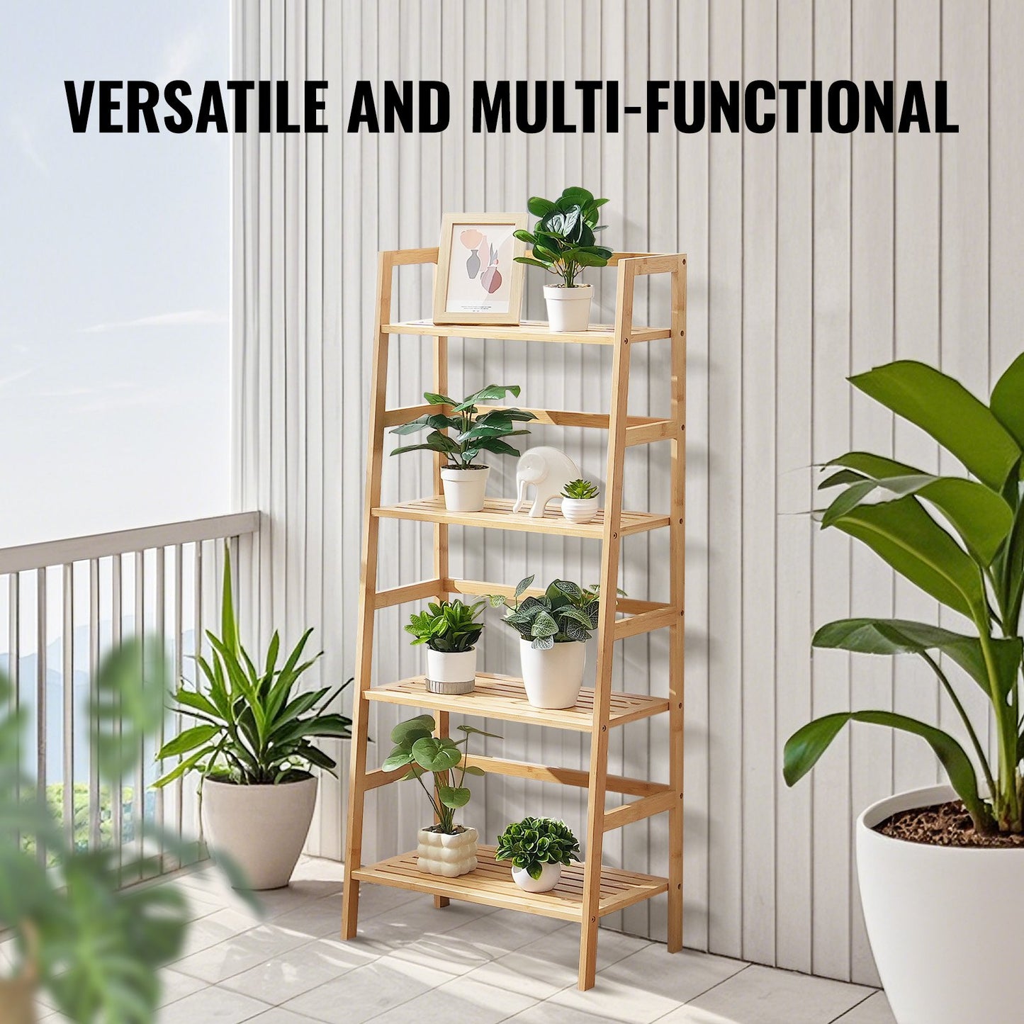 4-våningars steghylla i bambu, trapetsformad öppen bokhylla, förvaringsställ för display, fristående blom- och växtställ, stegebokhylla, perfekt för badrum, sovrum, kontor, arbetsrum, naturlig