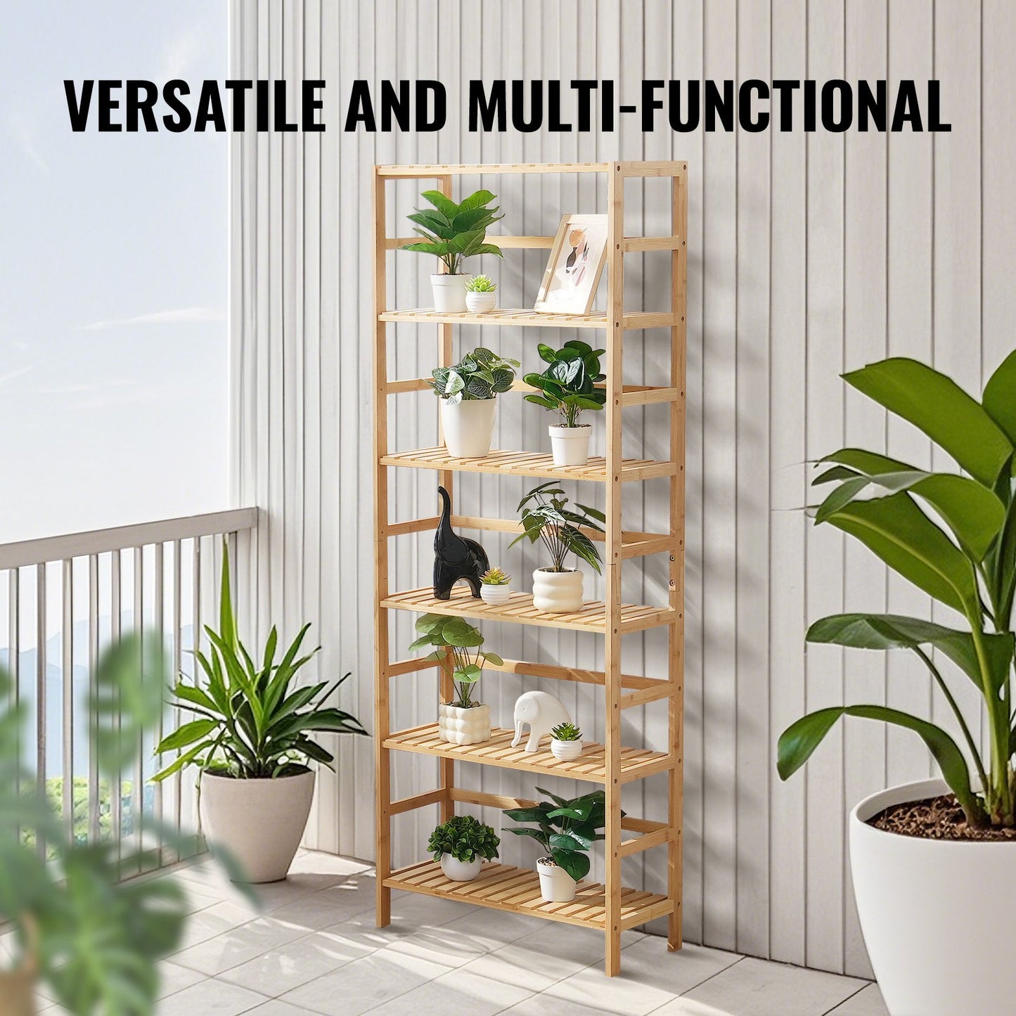 6-våningars bambuhylla, öppen träbokhylla, förvaringsställ, fristående blom- och växtställ, multifunktionell bambubokhylla, perfekt för badrum, sovrum, kontor, arbetsrum, naturlig