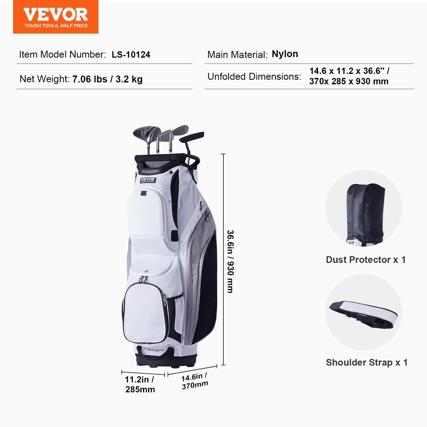 Golfvagnsväska med 14-vägs avdelare, 36” 13-fickors premium nylonvagnsväska, slitstarka golfbagar med handtag, dammskydd och avtagbara remmar för män och kvinnor, vit färgblock