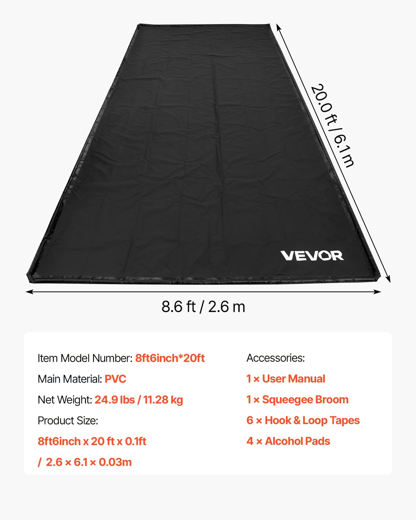 Avspärrningsmatta, 2,6 x 6,1 m, halkfri PVC-garagematta med rengöringsskrapa, kraftigt hållbart vattentätt skydd mot snö, regn och lera för bilar, stadsjeepar, lastbilar, parkering, svart