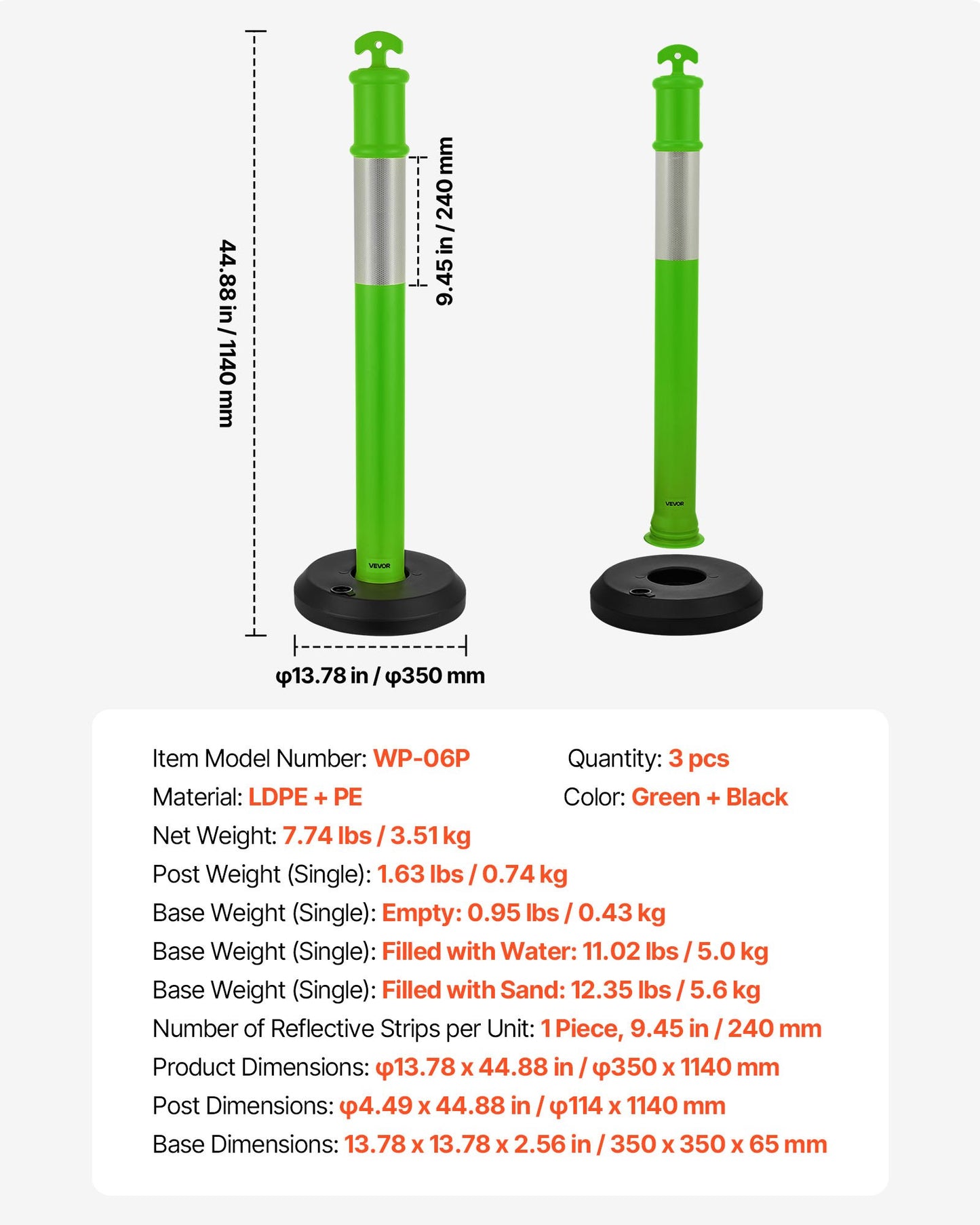 3-pack trafikavgränsningsstolpar, 1140 mm trafiksäkerhetskoner med fyllbar bas och reflexremsor, kraftiga avgränsningsstolpar för byggarbetsplatser, parkeringsplatser, trängselkontroll, gröna