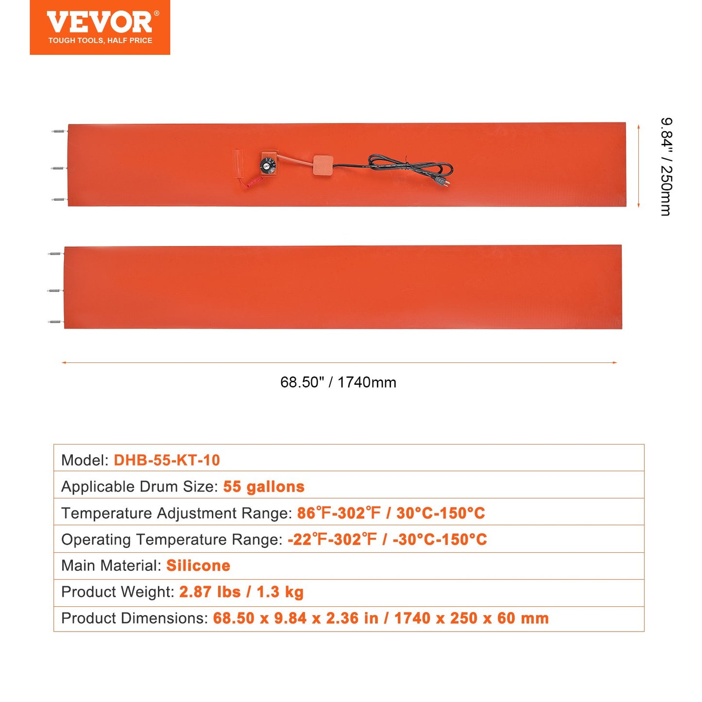 208.2 L Metal Drum Heater 1200 Watt 25.4 cm Width, 30-150°C Adjustable