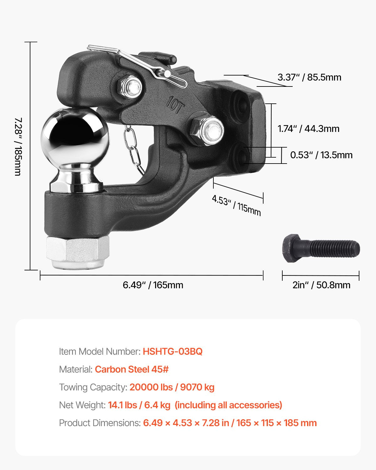 Pintle Hook, 20000 lbs Towing Capacity, Trailer Hitches Receiver Hook Combination 2-5/16-inch Hitch Ball, Fits 2.5 to 3-inch Lunette Ring with Mounting Kit, Wear-resistant, Black Powder Coat