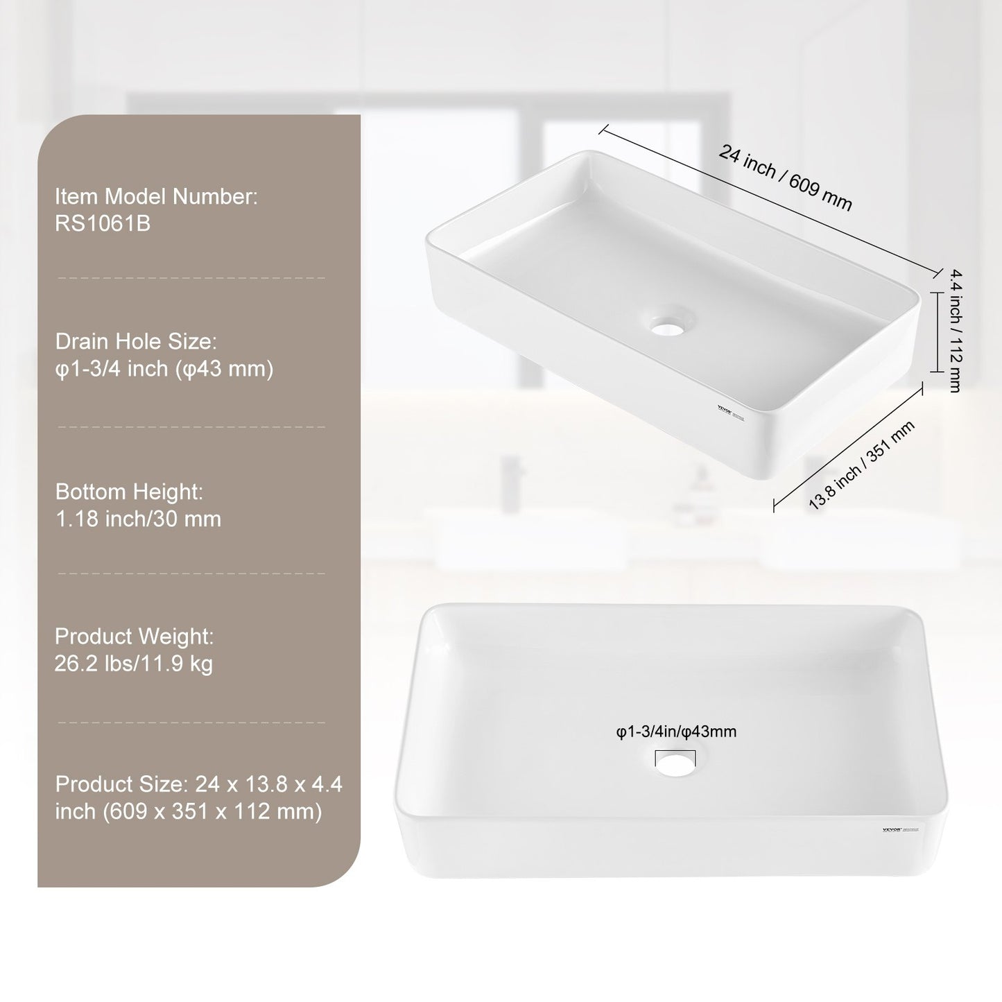 Rektangulärt handfat, 61 x 33 cm, bänkskiva för badrum, vita keramiska handfat ovanför bänkskiva, modern stil, ljus och elegant, välförpackad för badrum, hotell, toalett, husbil