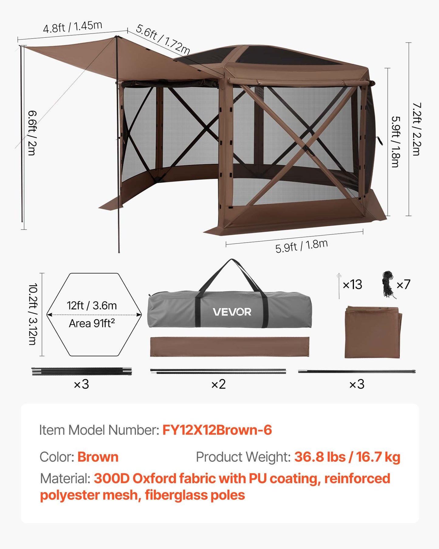 Pop up Gazebo Screen Tent, 3.6 x 3.6 m Large 6-Sided Camping Canopy Tent with Removable Top & Carry Bag, Quick-Set & Bite-Proof, Screen House Sun Shelter for 8-10 Persons Backyard Patio, Brown