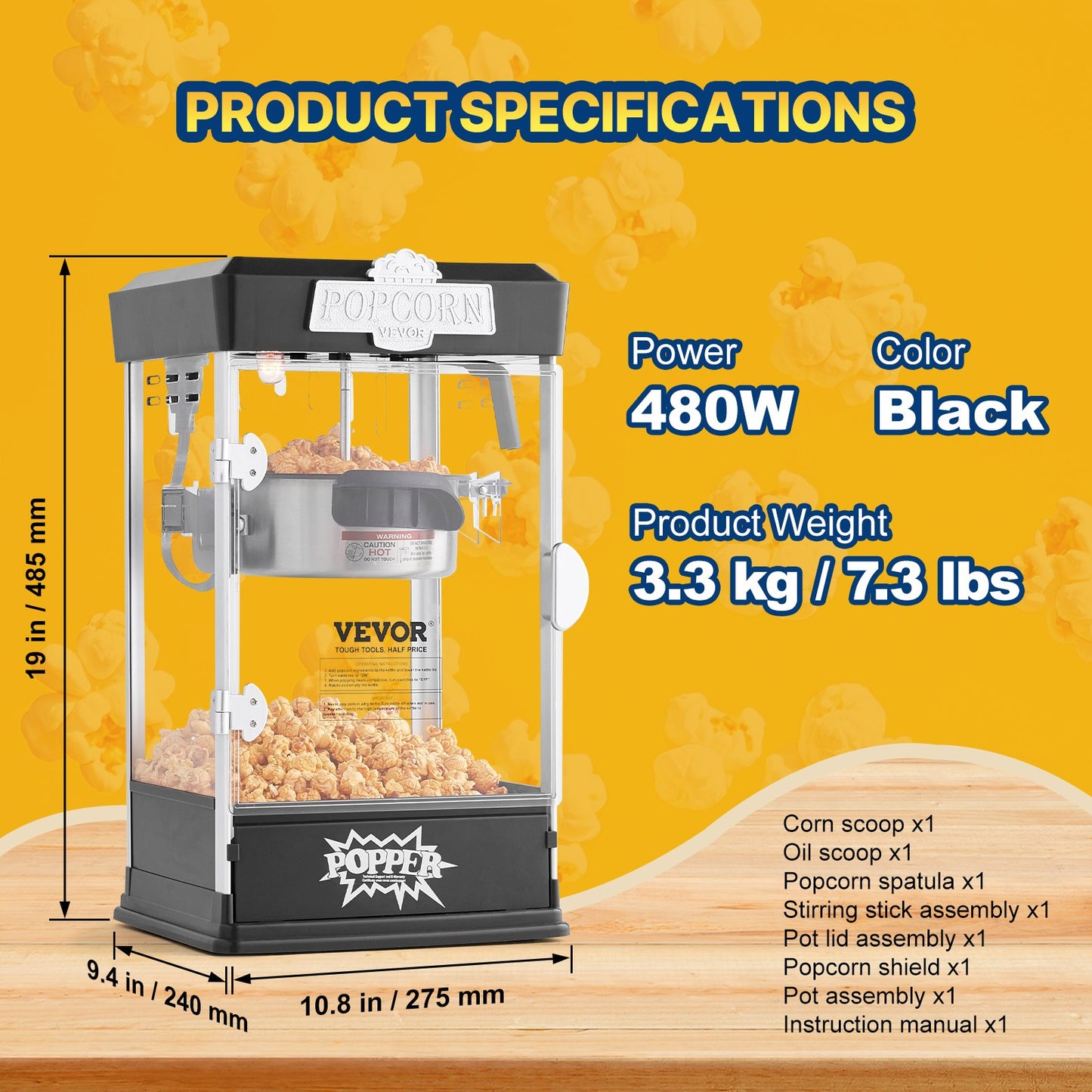 Popcornmaskin, 480W popcornmaskin, 115 ml vattenkokare ger 6,5 liter per sats, bordspopcornmaskin, inkluderar 3 skopor, biostil, svart