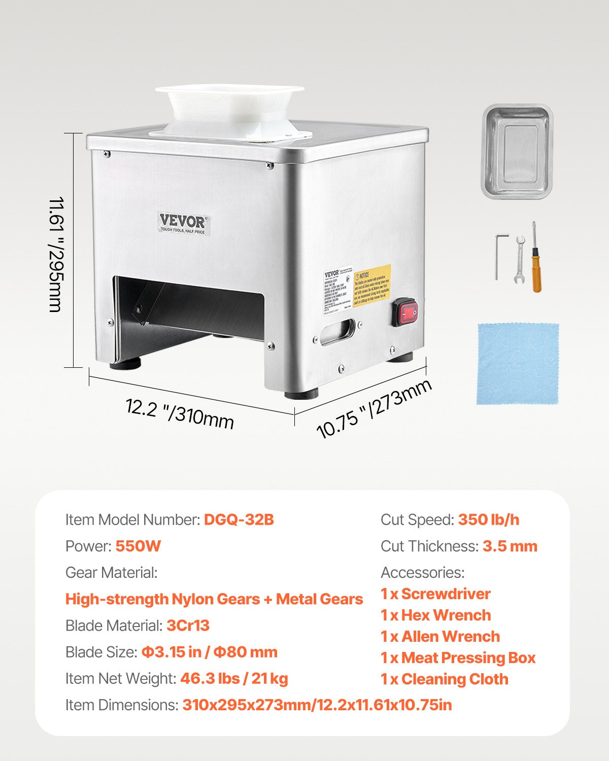 Köttskärmaskin, 550W köttskärare, 350 lb/h kommersiell köttskärmaskin, rostfritt stål, 3,5 mm tjocklek, elektrisk matskärare för hemmakök, restaurang, stormarknad