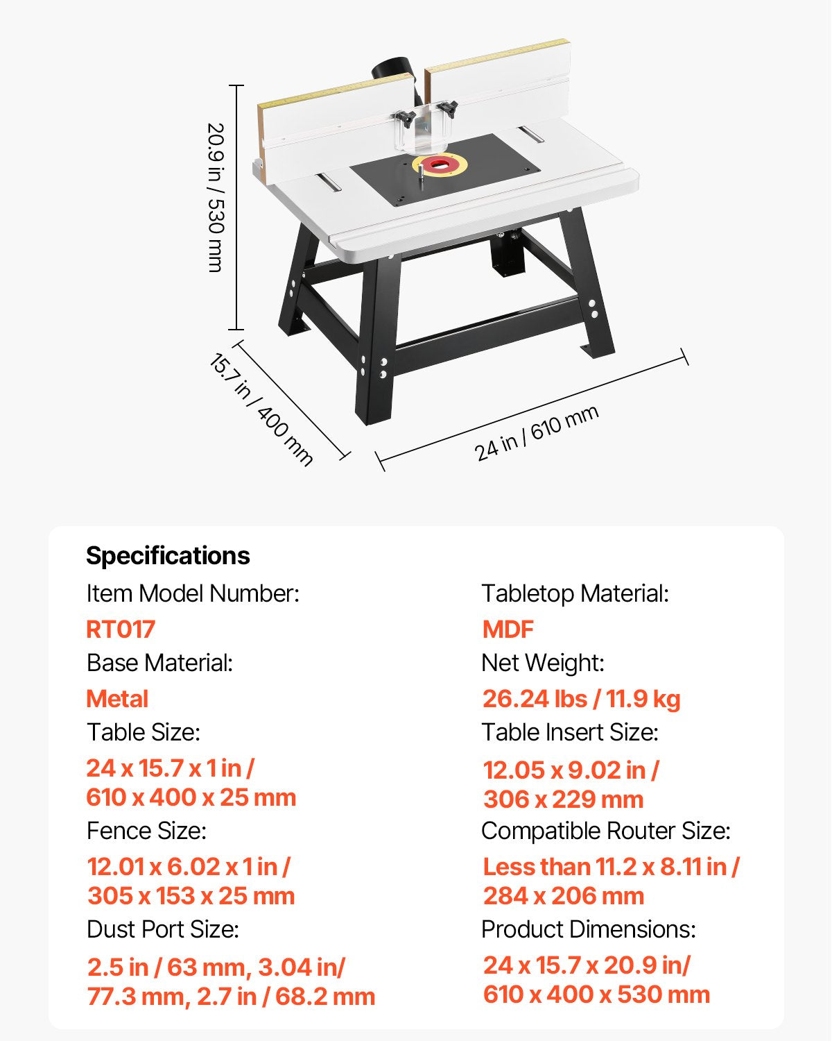 Benchtop Router Table, 610 x 400 mm / 24 in x 15.7 in, Bench Top Routing Table with Adjustable Fence, MDF Top, Sturdy Metal Base, 2-1/2 in Dust Collection Port, Compatible with Routes & Various Drill Bits