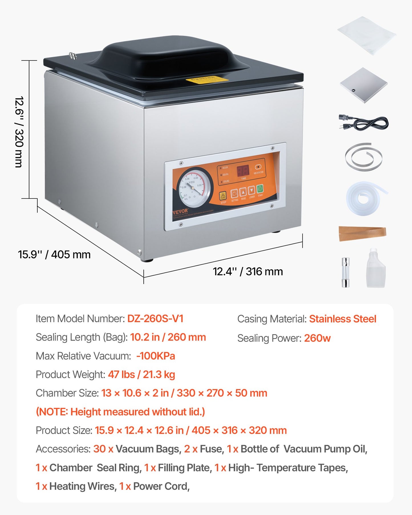 Kammarvakuumförslutare, 260 W förslutningseffekt, vakuumförpackningsmaskin för våtmat, kött, marinader med mera, kompakt storlek med 260 mm förslutningslängd, används i hemmakök och kommersiellt bruk