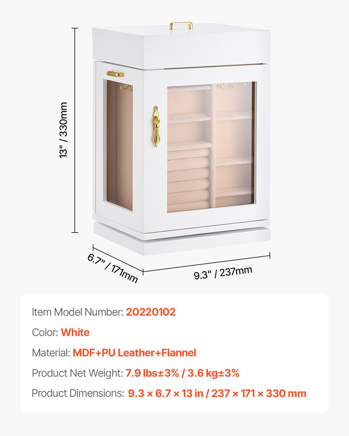 Smyckeskrin, 360° roterande smyckesask med magnetisk dörr, akrylfönster och 4 inbyggda halsbandskrokar, rymligt förvaringsfodral med metallhandtag, bottenplatta och mjukt flanellfoder, vit