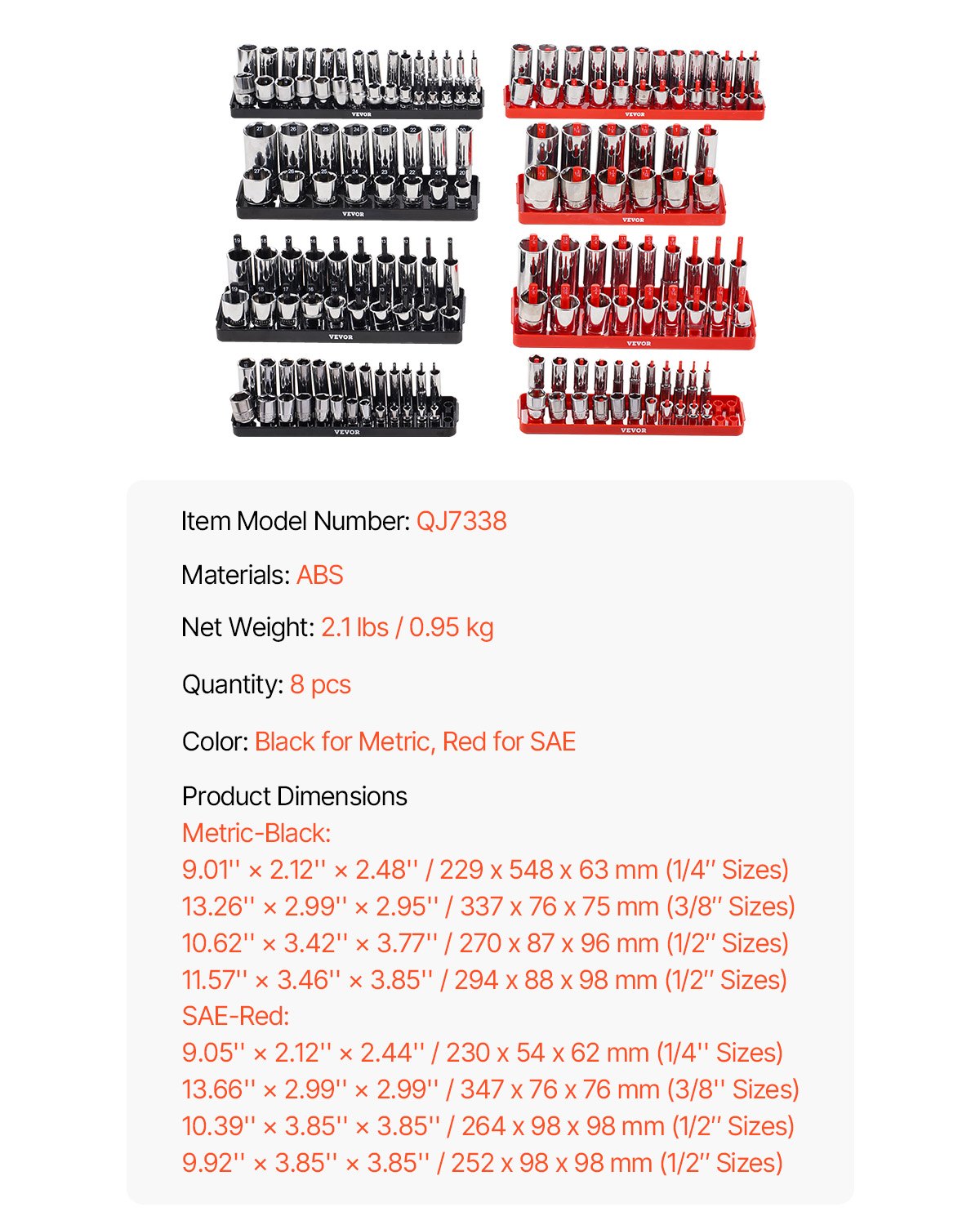 Hylsnyckelhållare, 8 delar högstångshylshållare, 1/4'', 3/8'' och 1/2'' metriska SAE-hylshylsbrickor med tydliga etiketter, rymmer upp till 176 delar standard- och djupa hylsor, svarta och röda (hylsa ingår ej)