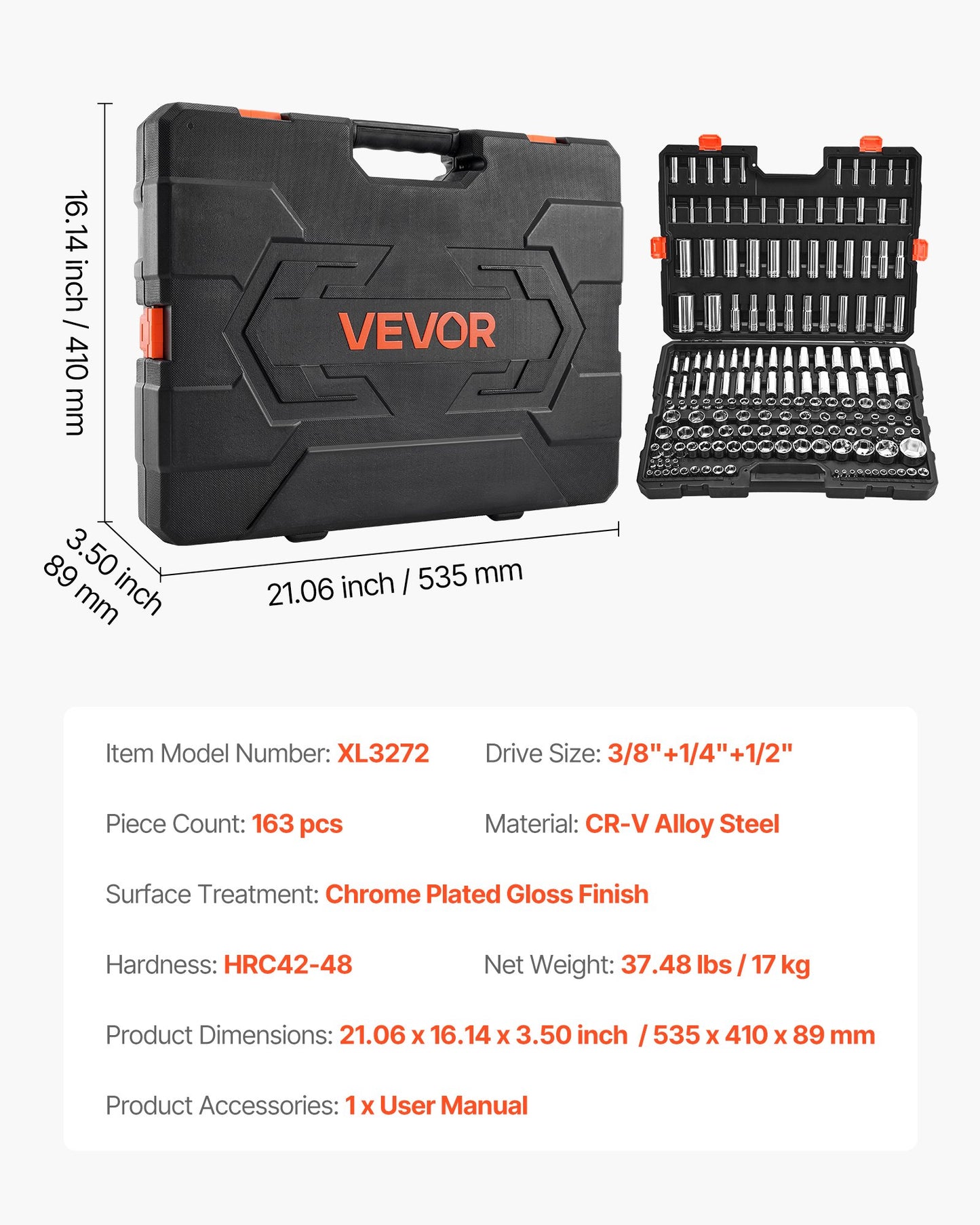 Hylsnyckelsats, 163 delar, 9,5 & 6,4 & 12,7 mm hylsnyckelverktygssats, SAE och metrisk, djup och standard, mekanisk verktygssats med förvaringsfodral, förkromad CR-V-legeringsstål, för bilreparationer