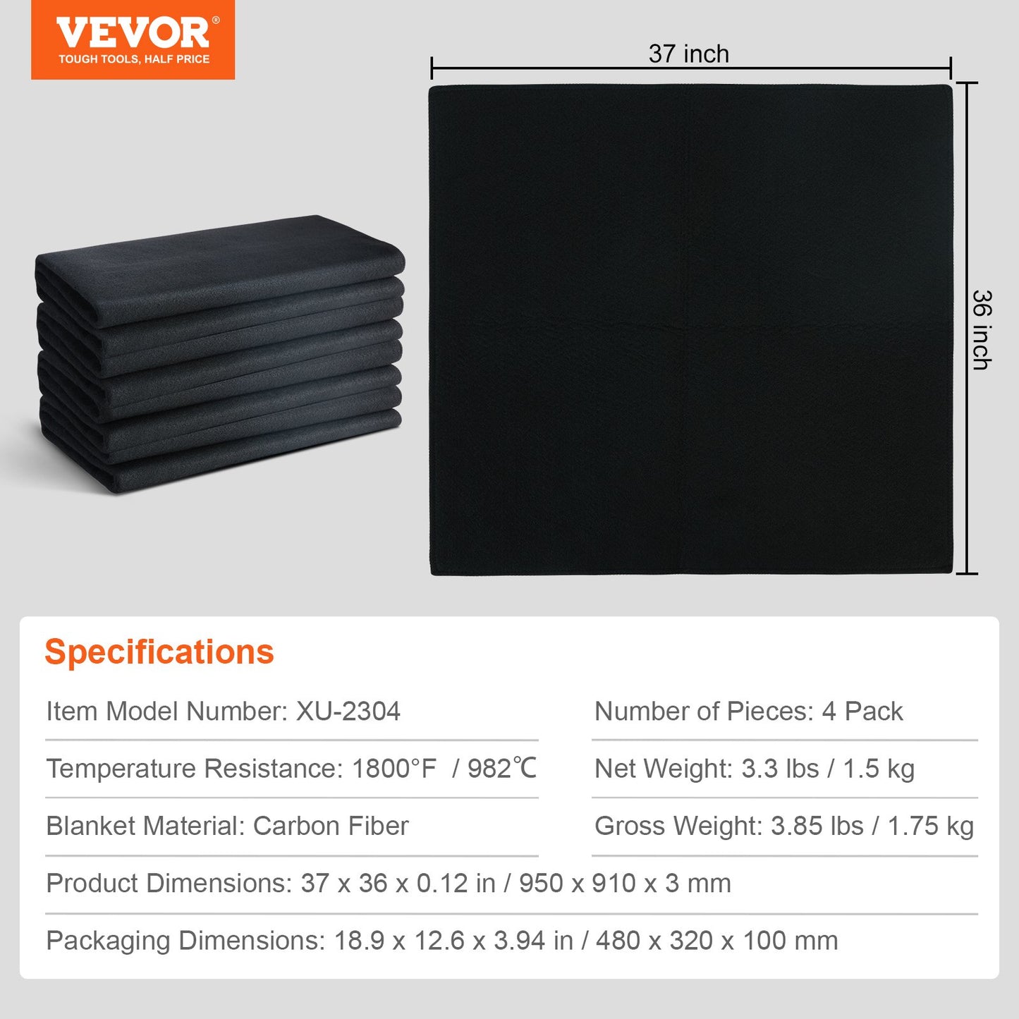 4-pack svetsfilt i kolfiber, 950 x 910 mm flamskyddsmedel för svetsning, set med värmebeständiga filtar upp till 982℃, skärbar, brandskyddsmedelssvetsmatta i kolfiber