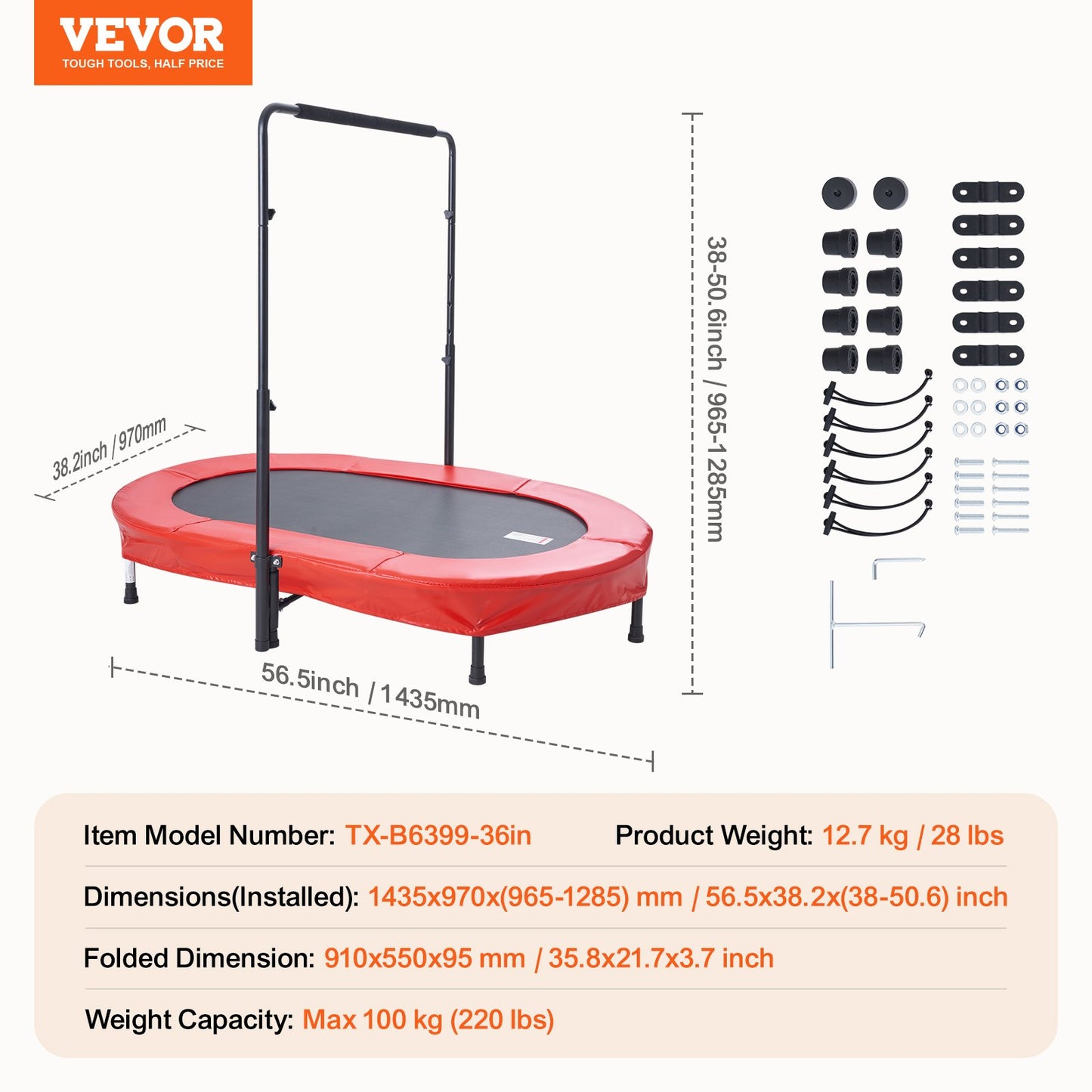 Barntrampolin, 136x91 cm inomhus- och utomhustrampolin, hopfällbar minitrampolin med handtag, reboundertrampolin för småbarn, födelsedagspresent till barn från 3 år, pojkar och flickor för skojs skull, röd