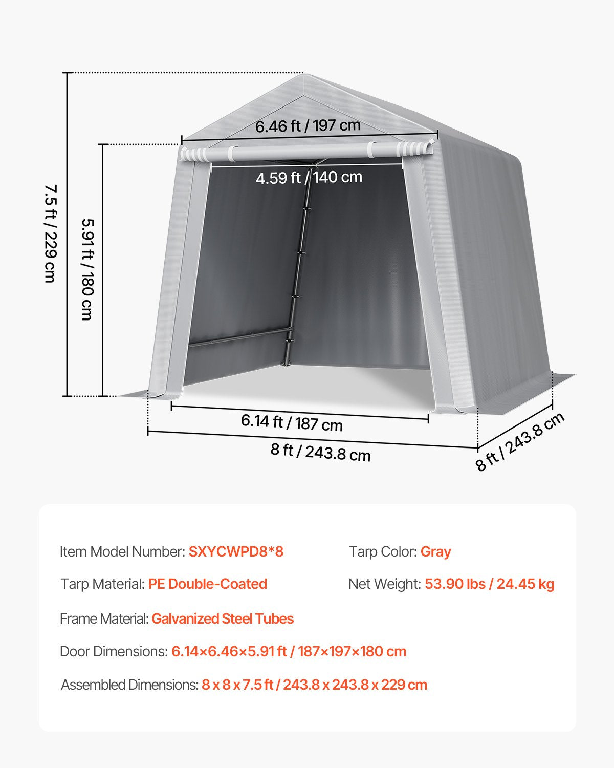 Outdoor Storage Shed, 8 x 8 ft Portable Storage Tent with Roll-up Door & Vents, Waterproof Canopy Shed Shelter, Heavy Duty Frame, Patio Garage Carport for Motorcycle, Lawn Mower, Bike, Grey