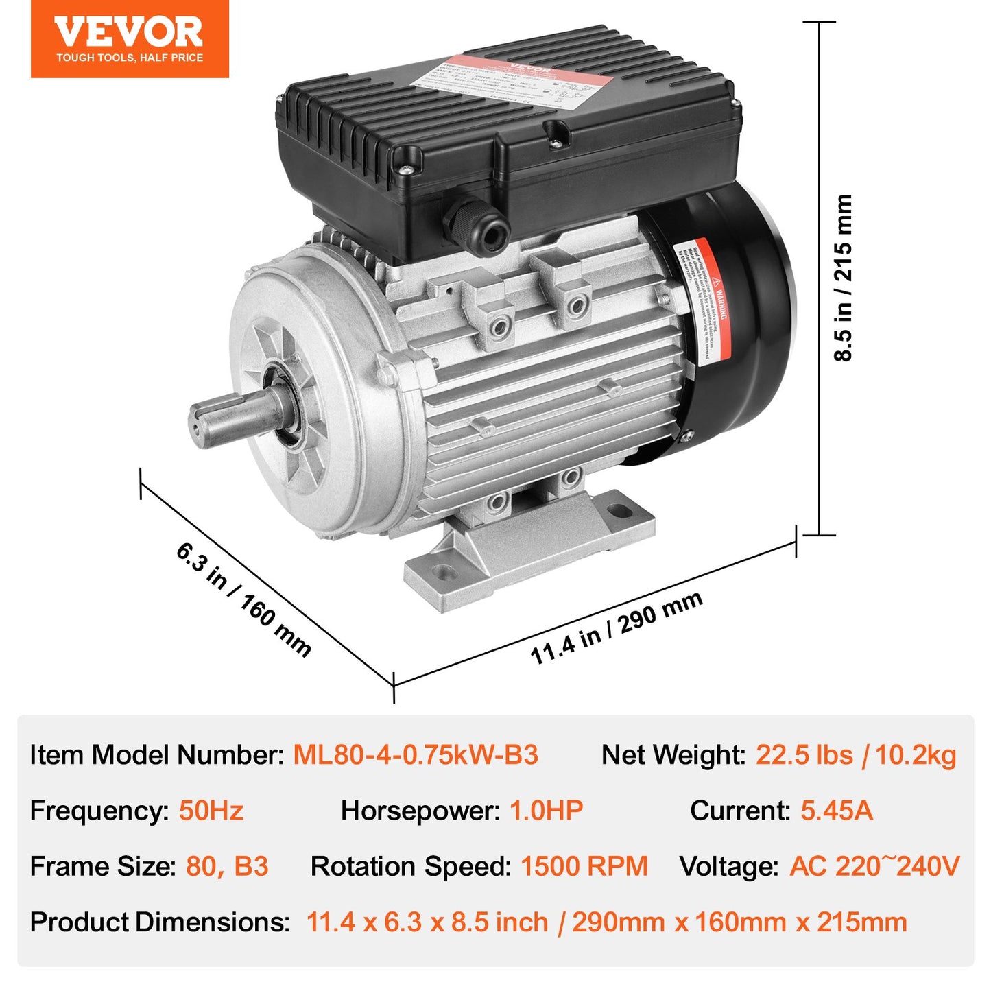 0,75 kW elmotor 1400 rpm, AC 220~240 V 5,45 A, 80, B3-ram, luftkompressormotor enfas, 19 mm kilaxel, medurs/moturs rotation för jordbruksmaskiner och allmän utrustning