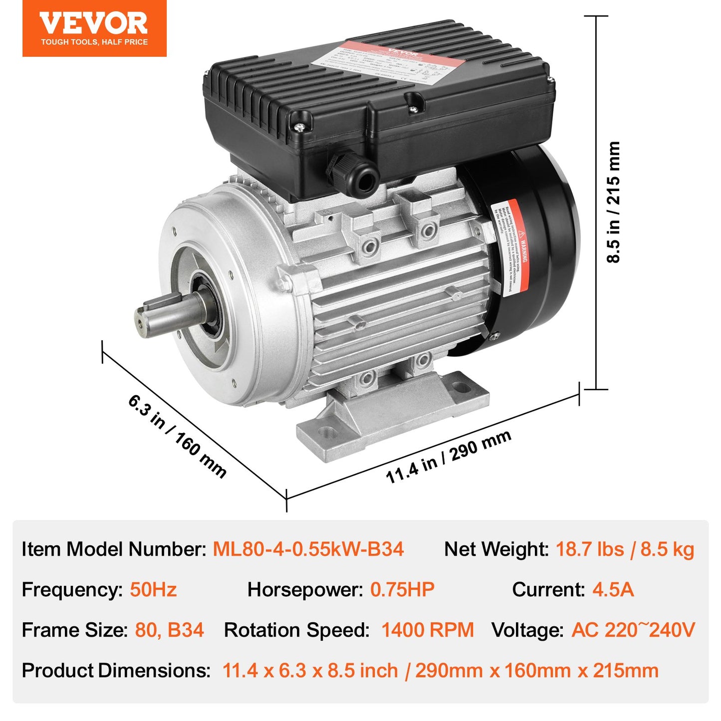 0,55 kW elmotor 1400 rpm, AC 220~240 V 4,5 A, 80, B34-ram, luftkompressormotor enfas, 19 mm kilaxel, medurs/moturs rotation för jordbruksmaskiner och allmän utrustning