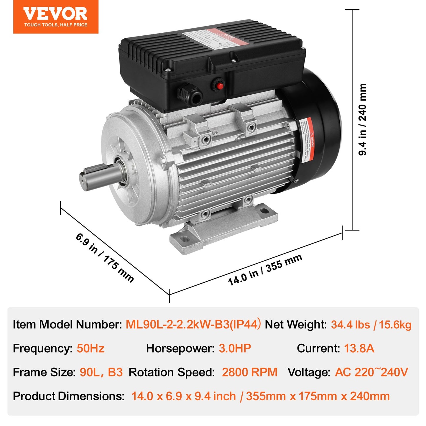 2,2 kW elmotor 2800 rpm, AC 220~240V 13,8A, 90 l, B3-ram, luftkompressormotor enfas, 24 mm kilaxel, medurs/moturs rotation för jordbruksmaskiner och allmän utrustning