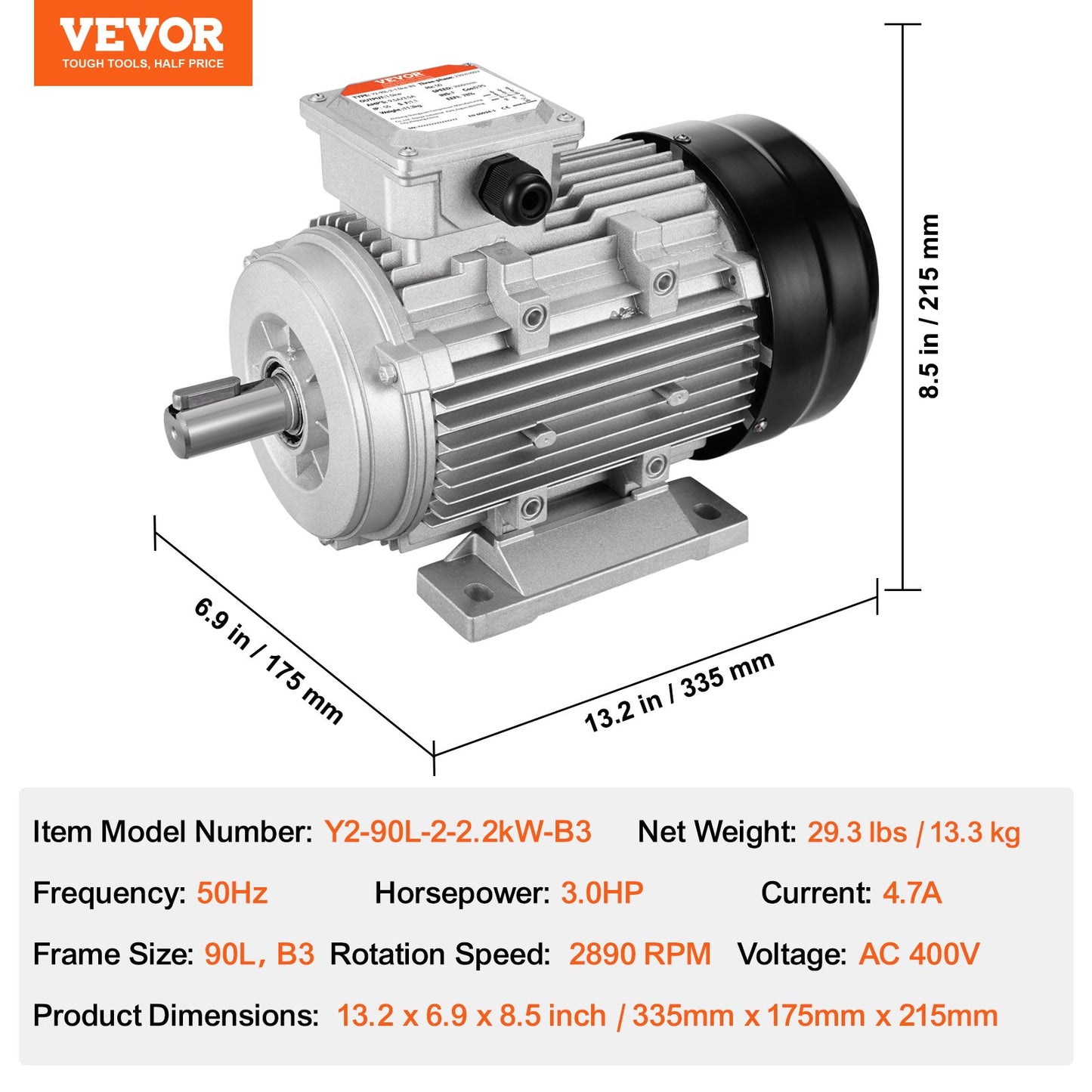 2,2 kW elmotor 2890 rpm, AC 400 V 4,7 A, 90 l, B3-ram, luftkompressormotor 3-fas, 24 mm kilaxel, medurs/moturs rotation för jordbruksmaskiner och allmän utrustning