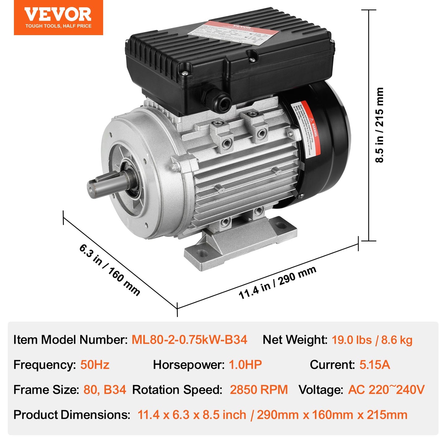 0,75 kW elmotor 2850 rpm, AC 220~240 V 5,15 A, 80, B34-ram, luftkompressormotor enfas, 19 mm kilaxel, medurs/moturs rotation för jordbruksmaskiner och allmän utrustning