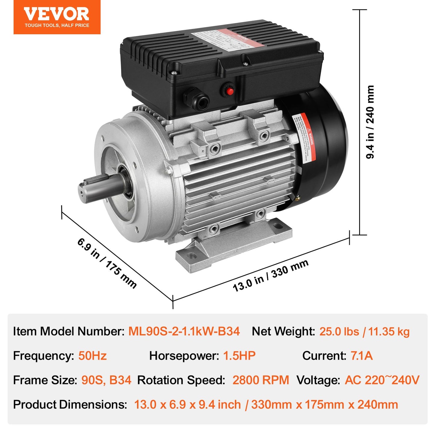 1.1KW Electric Motor 2800 rpm, AC 220~240V 7.1A, 90S, B34 Frame, Air Compressor Motor Single Phase, 24mm Keyed Shaft, CW/CCW Rotation for Agricultural Machinery and General Equipment