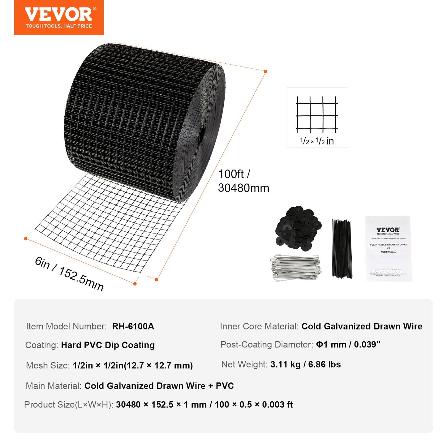 15.24 x 3048 cm Solar Panel Bird Guard, Critter Guard Roll Kit with 60pcs Aluminum Alloy Fasteners, Solar Panel Guard with Rust-proof PVC Coating, 12.7 mm Wire Roll Mesh