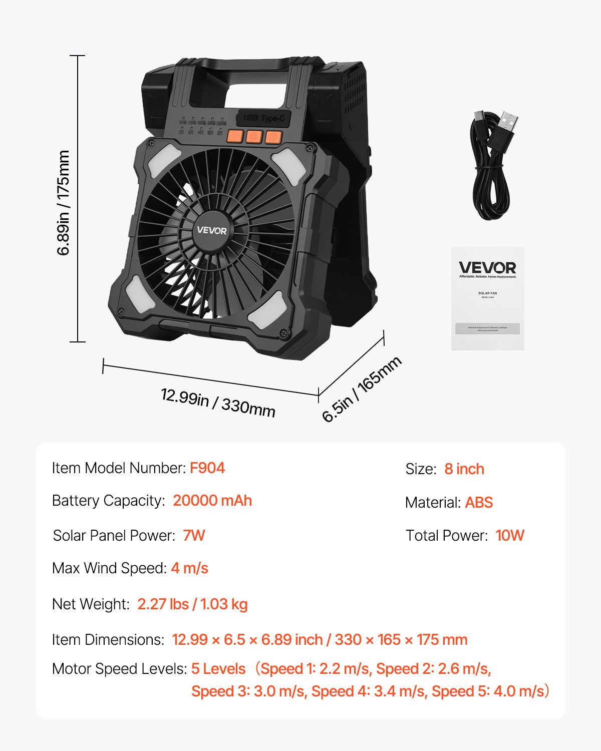 20000mAh uppladdningsbar solfläkt med LED-lykta, 20 cm bärbar fläkt sladdlös med 7W hopfällbar solpanel, 5 hastigheter & timer & tyst, USB-batteridriven för camping, tält, arbetsplats, kontorsskrivbord
