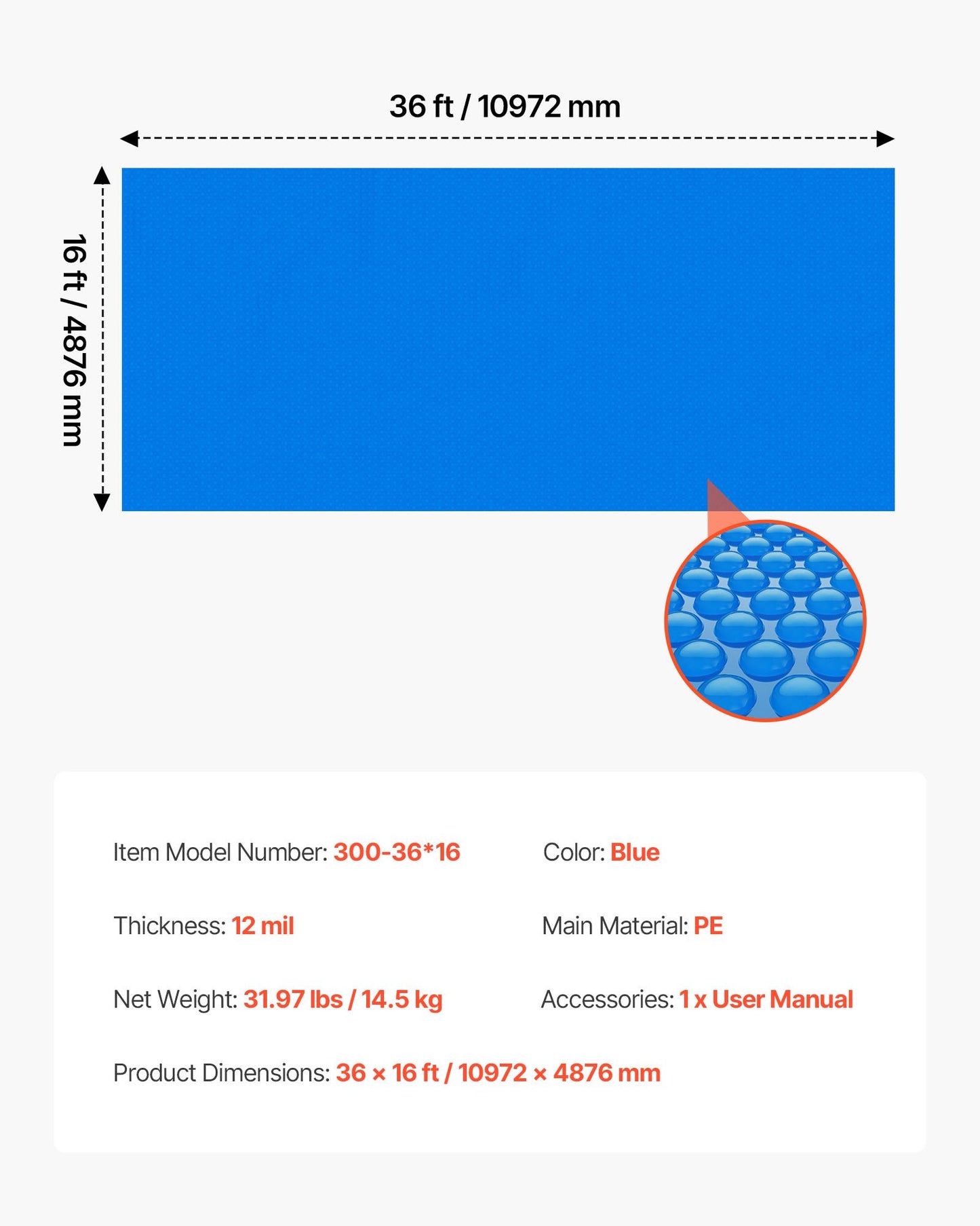 Solar Pool Cover, 10.97 x 4.88m Rectangle Pool Bubble Cover, 12 Mil Pools Solar Blanket with Bubble & PE Material, Daytime Heat Absorption, Nighttime Heat Retention, Heat Retaining Solars Covers, Blue