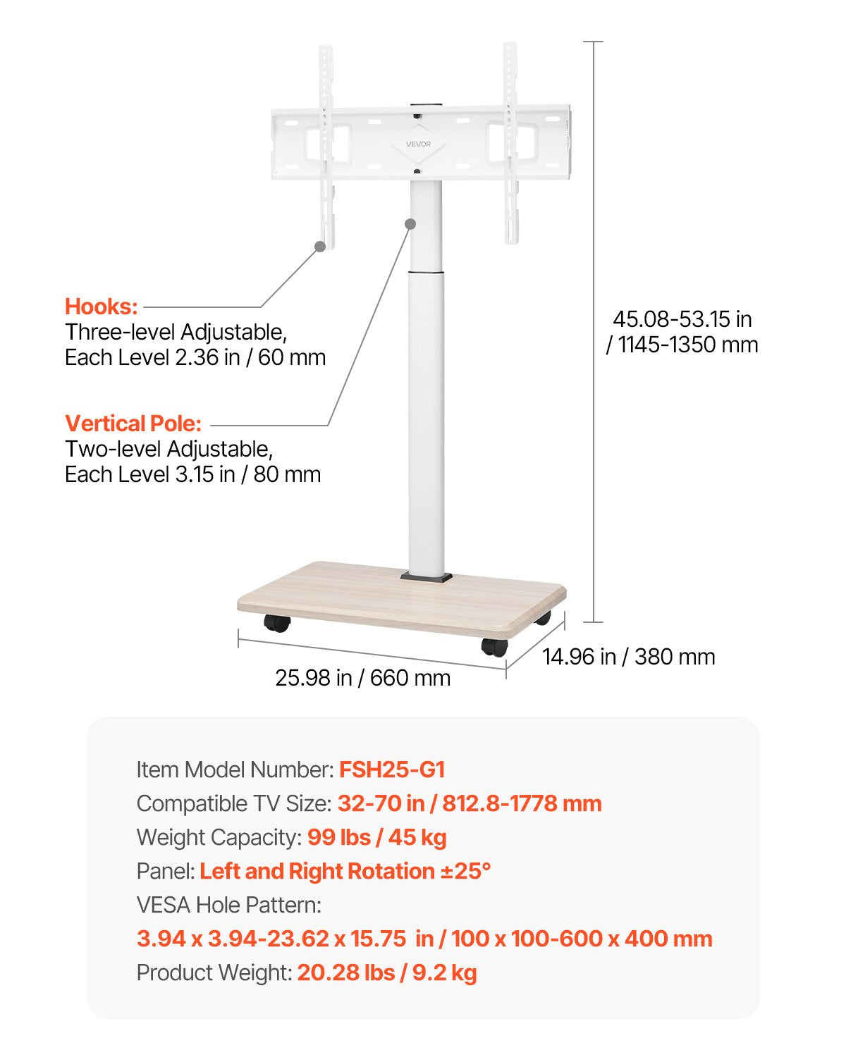 Rullande TV-stativ, mobil TV-vagn för 32-70 tums skärmar, 25° vänster-högerrotation och höjdjusterbart TV-fäste på hjul, håller upp till 49 kg för hörn, sovrum, utomhusbruk, max VESA 600x400 mm