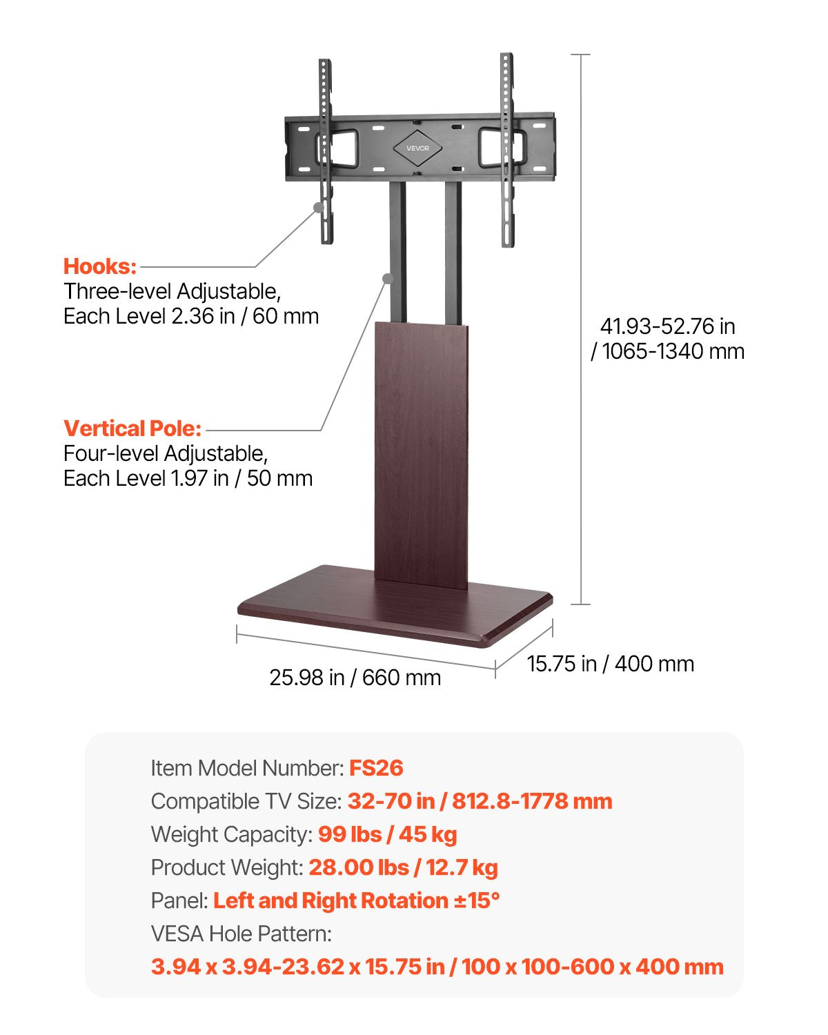 Universal TV-stativ, bords-TV-stativ för 32-70 tums skärmar, vridbart och höjdjusterbart TV-fäste, håller upp till 45 kg med grenuttag, för vardagsrum, sovrum, MAX VESA 600 x 400 mm