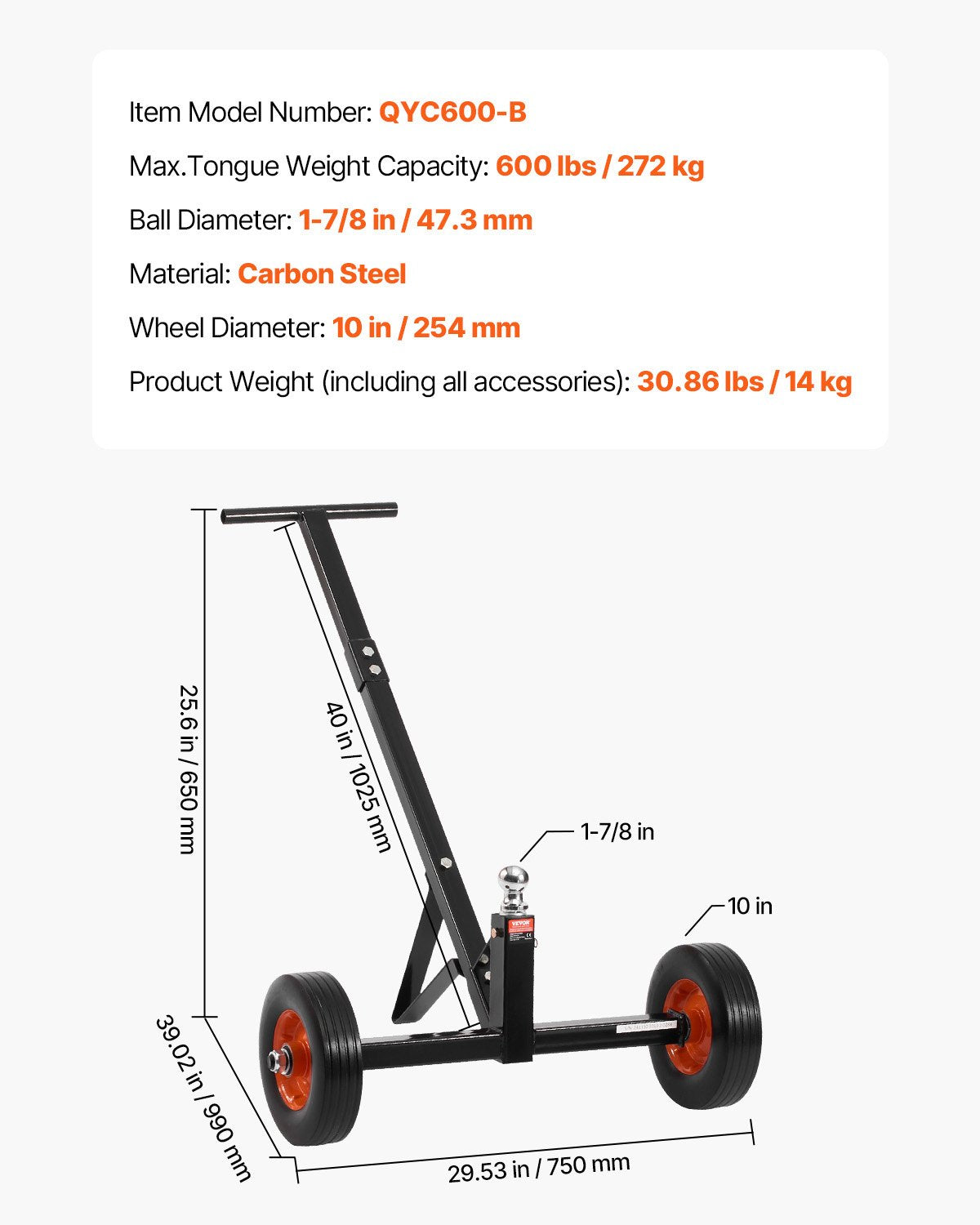 Släpvagnsvagn, 600 kg tungviktskapacitet, släpvagnsflyttare i kolstål med 1-7/8 tums dragkula och 10 tums solida däck, bärbar dragvagn för flytt av bil, husbil, båtsläp
