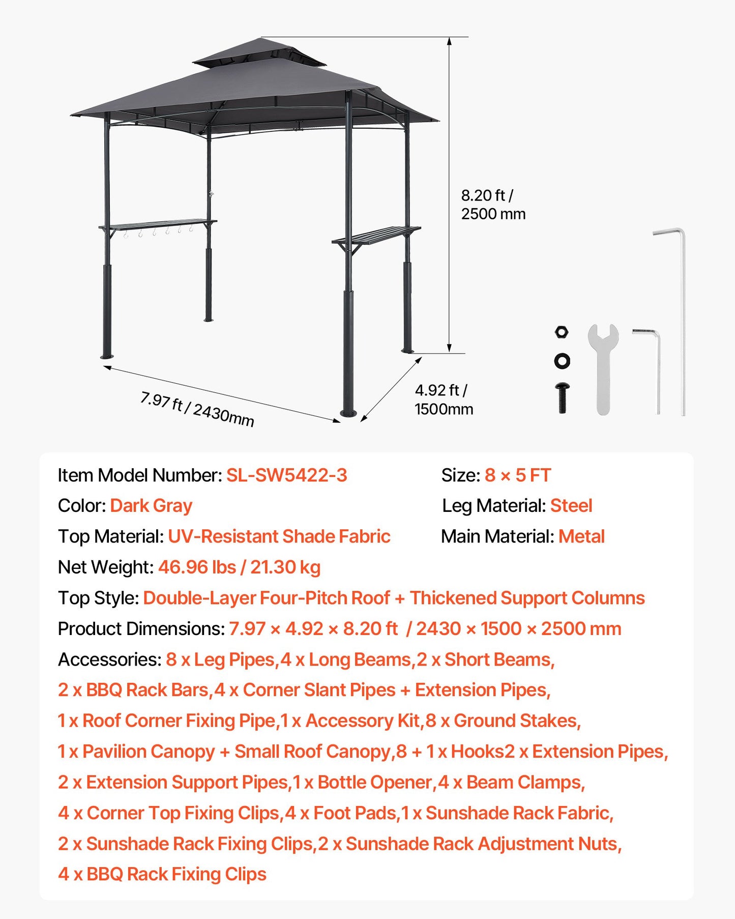 Grillpaviljong, 2,43 x 1,5 m förstärkt utomhusgrillpaviljong med dubbelt tak, pulverlackerat stålgrilltak med 2 sidohyllor och 8 krokar, grilltak för uteplats, bakgård och trädgård