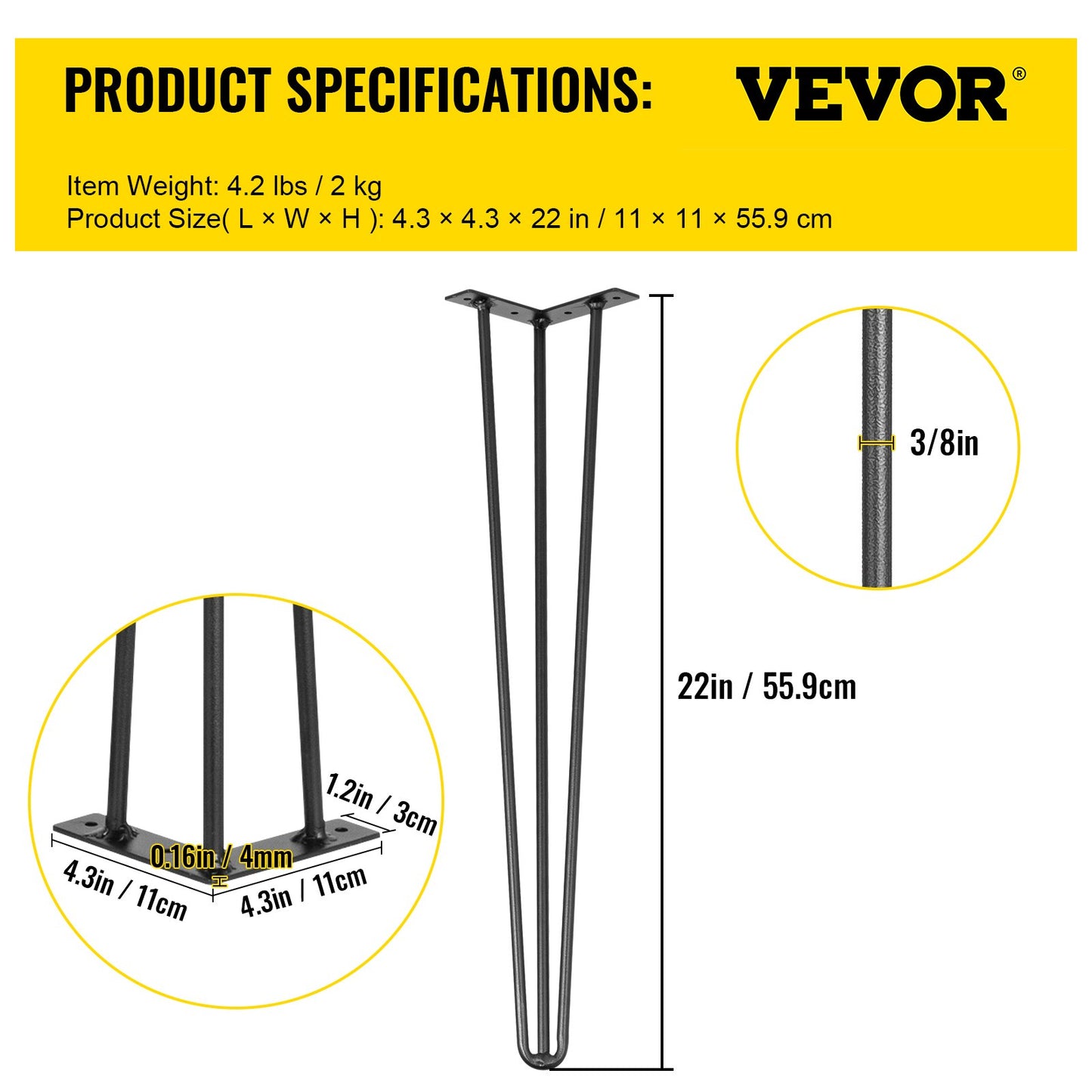 Hårnålsben 55,9 cm svarta set med 4 skrivbordsben vardera 99,8 kg kapacitet Hårnålsben 3 stänger för bänkskrivbord matbordssidobordsstolar kolstål gör-det-själv-bordsben kraftiga möbelben