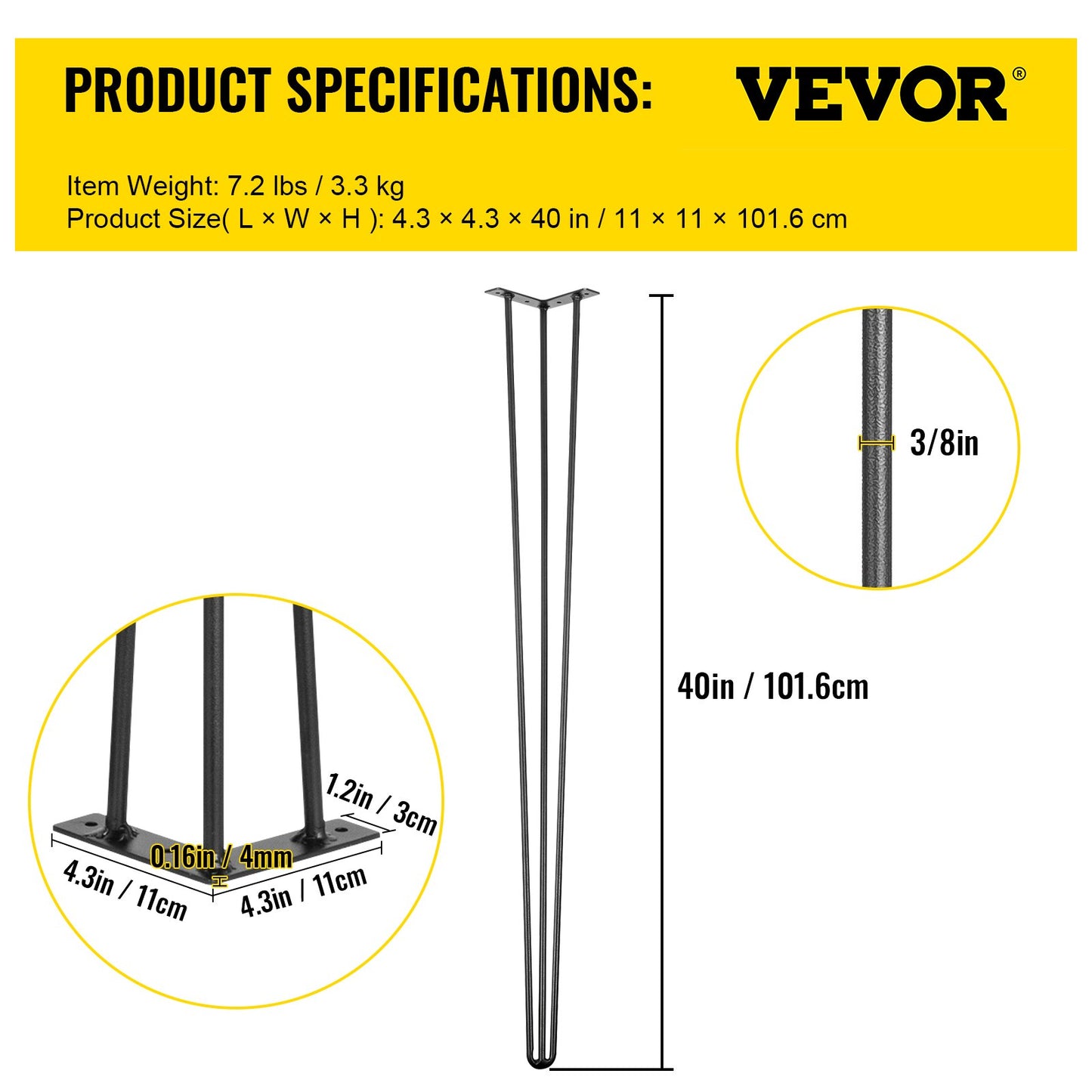 Hårnålsben 101,6 cm svarta set med 4 skrivbordsben vardera 99,8 kg kapacitet Hårnålsben 3 stänger för bänkskrivbord matbordssidobord stolar kolstål gör-det-själv-bordsben kraftiga möbelben