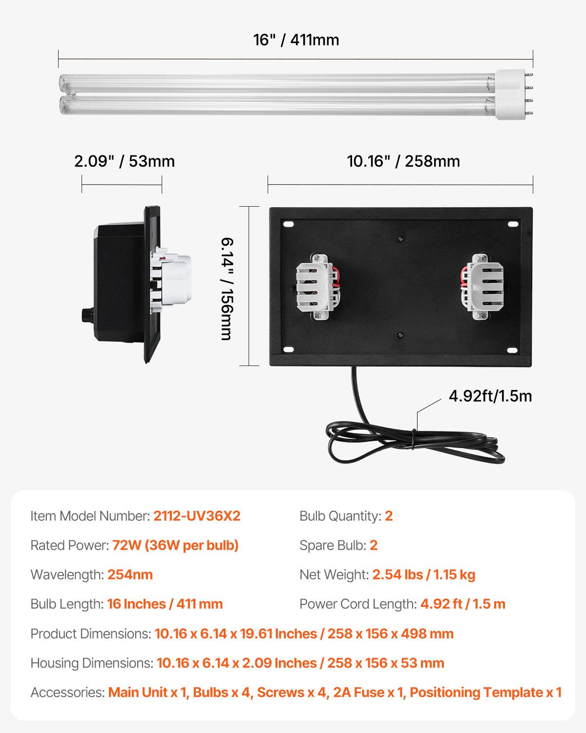 HVAC luftrenare för hela huset, 72W 16 tum, UV UVC-lampa i kanal för AC (luftkonditionering) kanal, luftskrubber med 2 ersättningslampor, HVAC UV-lampor för AC-system