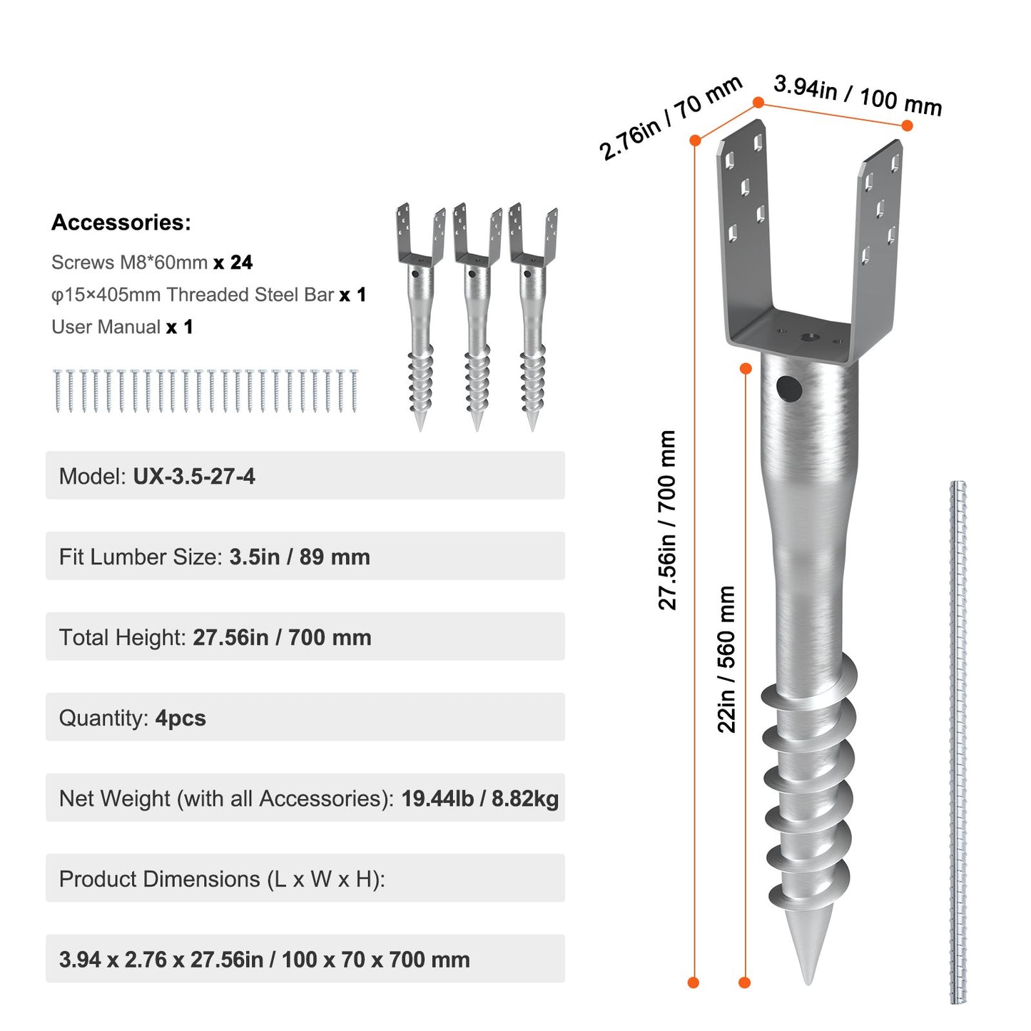 Grävfri markankare, 4-pack 3,94 x 2,76 x 27,56 tum/10 x 7 x 70 cm DIY-skruvinsättning för stolpe, inkluderar 6 dragbultar och armeringsjärn, U-formad kraftig stålstolpehållare, utmärkt för brevlådestolpar och staketstolpar