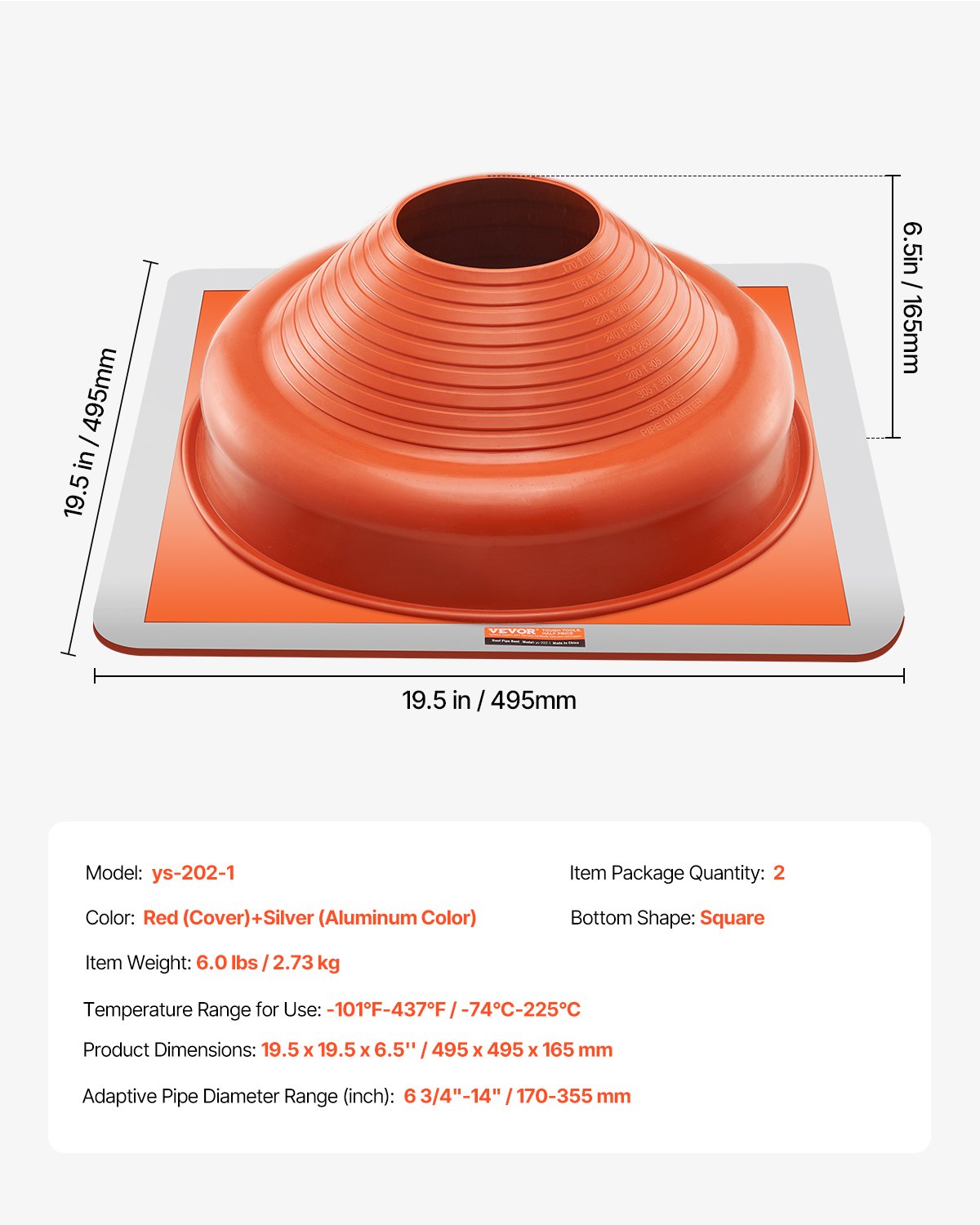 2 st. takrörsskydd, passar rör med ytterdiameter 6-3/4" till 14", flexibel silikon takjack för rörbeslag, hög temperatur -101℉ till 437℉, fyrkantig metallbas, för skorsten, vedspis och utomhusventilationsrör