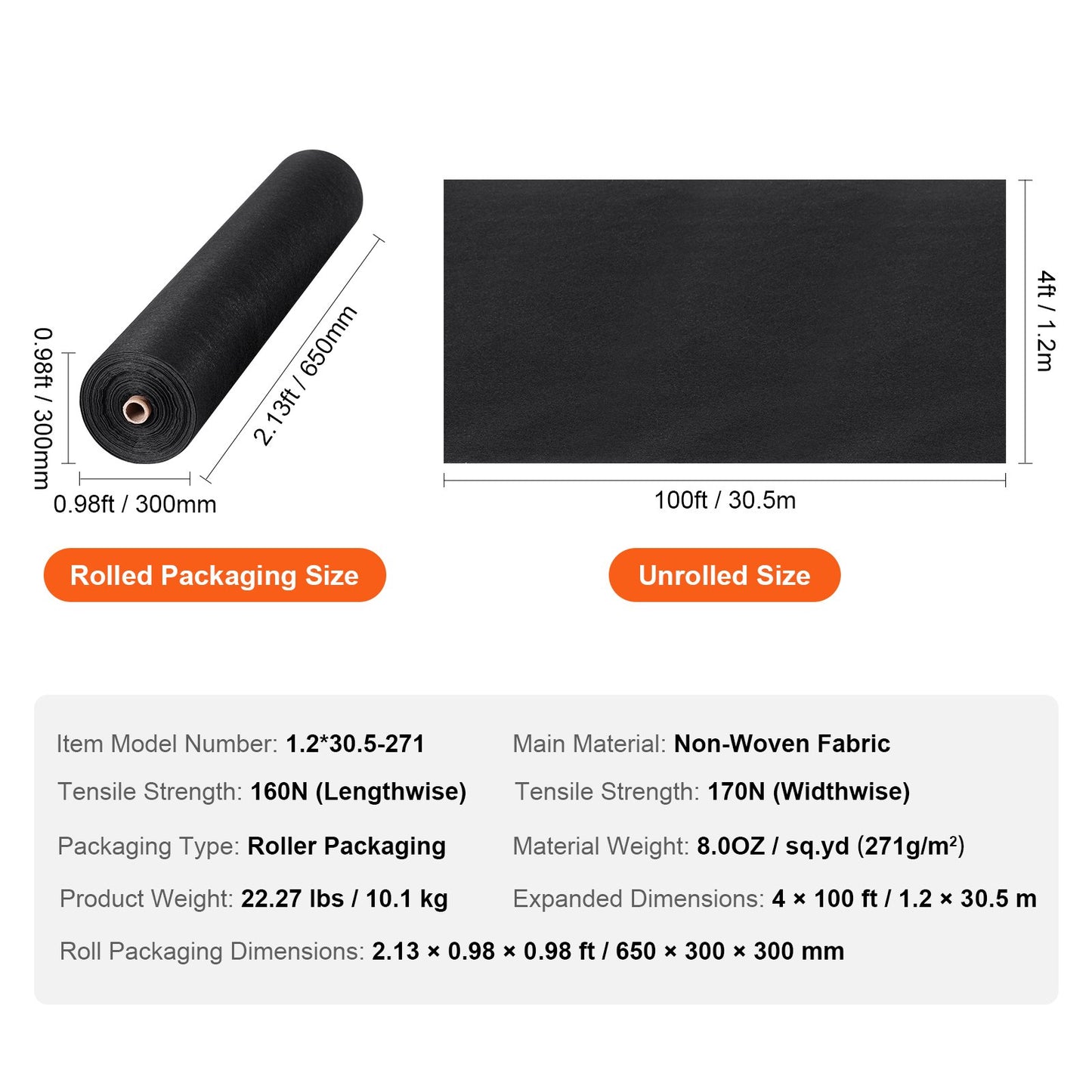 Non-woven geotextil under grus, 1,2 x 30,5 m 226,8 g uppfartstyg landskapstyg, kraftig ogräsbarriärtyg, marktäckande ogräsbekämpningstyg, franska avlopp dräneringstyg, svart