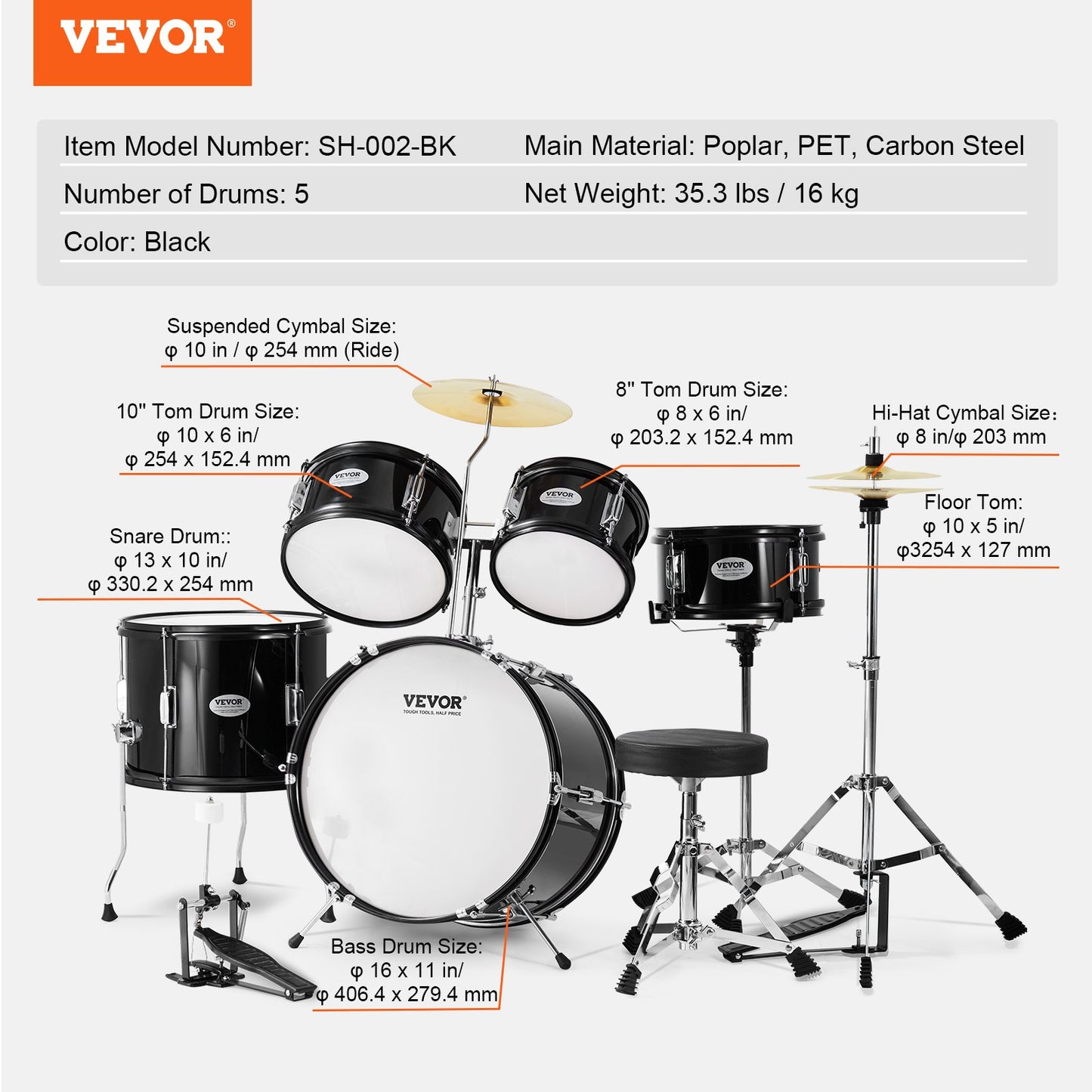 Barntrumset, 5-delars, 16-tums komplett trumset för nybörjare med baspukor, virveltrumma, golvtrumma, justerbar troncymbal, hi-hat-pedal och två par trumstockar, nybörjartrumset för barn, svart